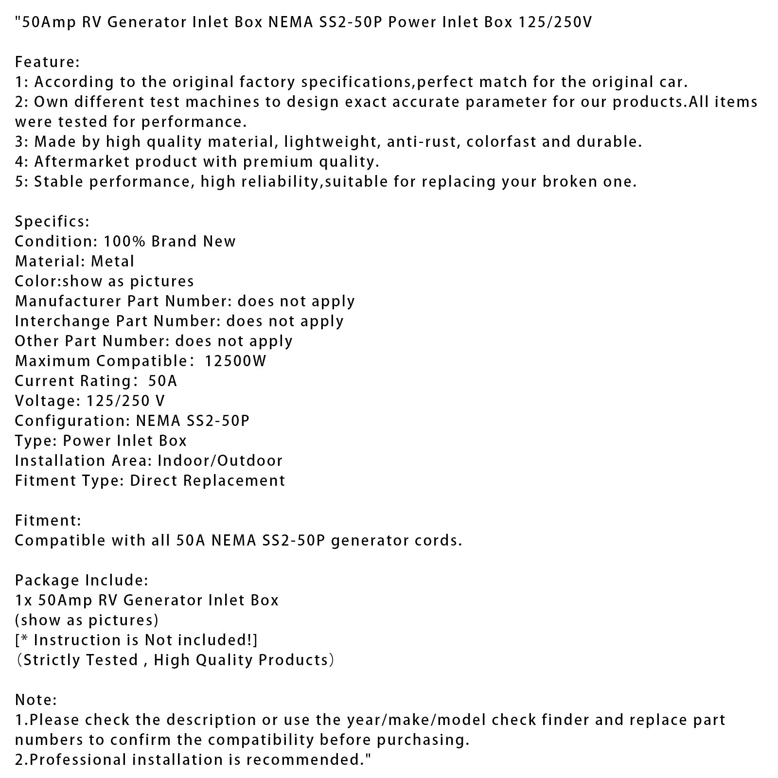 50Amp RV Generator Inlet Box NEMA SS2-50P Power Inlet Box 125/250V