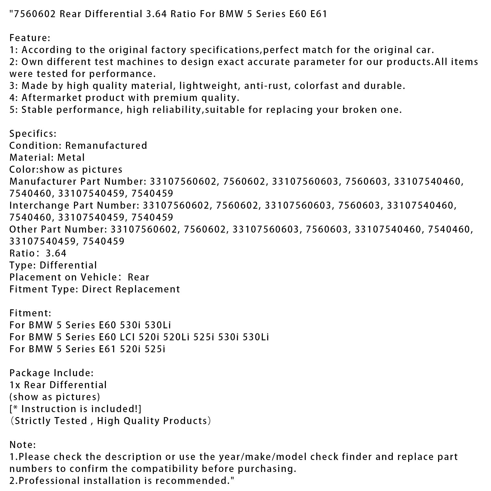 BMW 5 Series E60 530i 530Li Rear Differential 3.64 Ratio 7560602