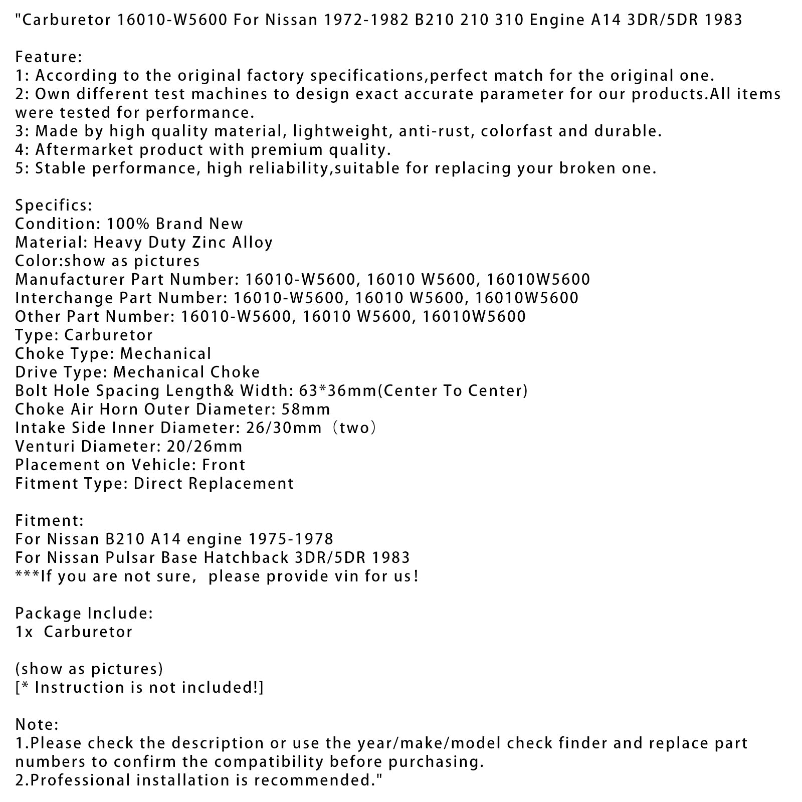 기화기 16010-W5600 닛산 1972-1982 B210 210 310 엔진 A14 3DR/5DR 1983