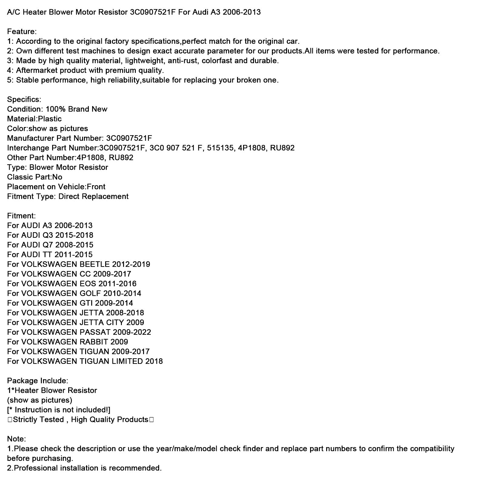 A/C Heater Blower Motor Resistor 3C0907521F For Audi A3 2006-2013
