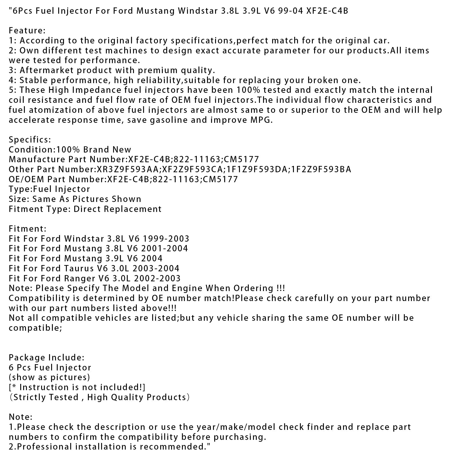 6Pcs Fuel Injector For Ford Mustang Windstar 3.8L 3.9L V6 99-04 XF2E-C4B