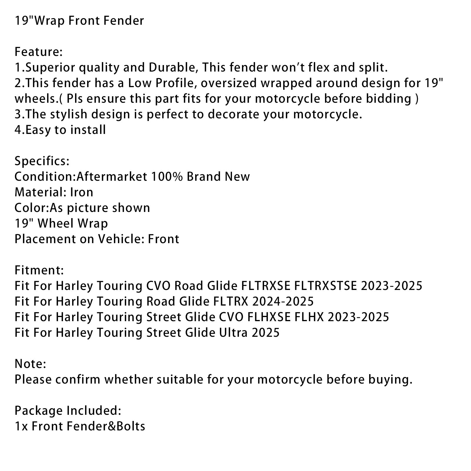 2025 Harley Touring Street Glide Ultra 19" Wrap Front Fender Iron