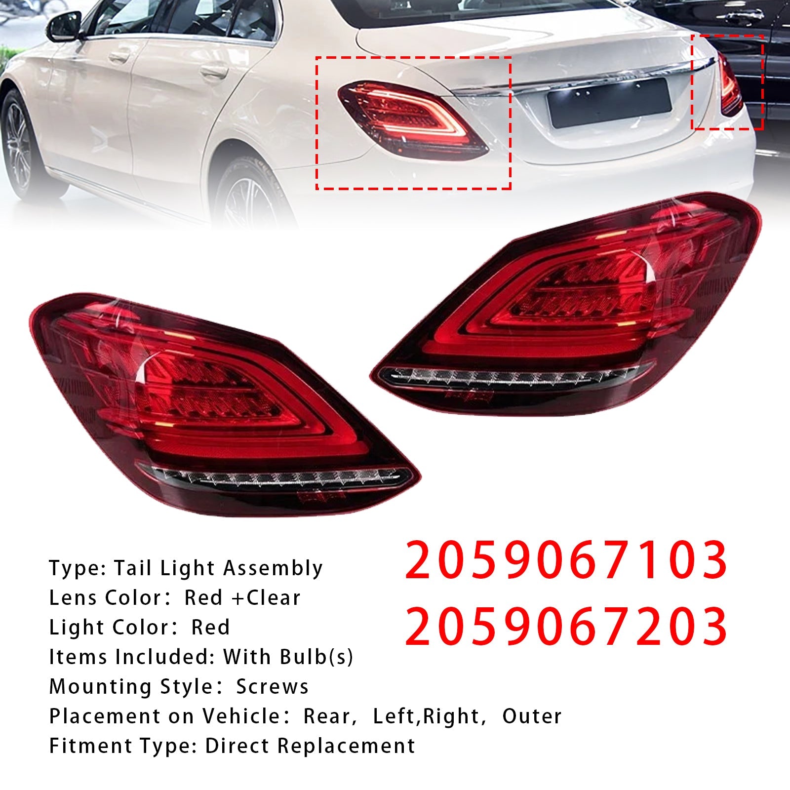 2019-2021 Mercedes Benz W205 Facelift C43 AMG 4Matic Left+Right LED Rear Tail Light Brake Lamp 059067103 2059067203