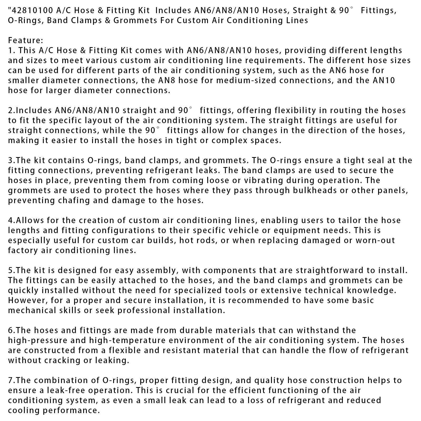 42810100 A/C Hose & Fitting Kit AN6/AN8/AN10 Hoses, Straight & 90< Fittings