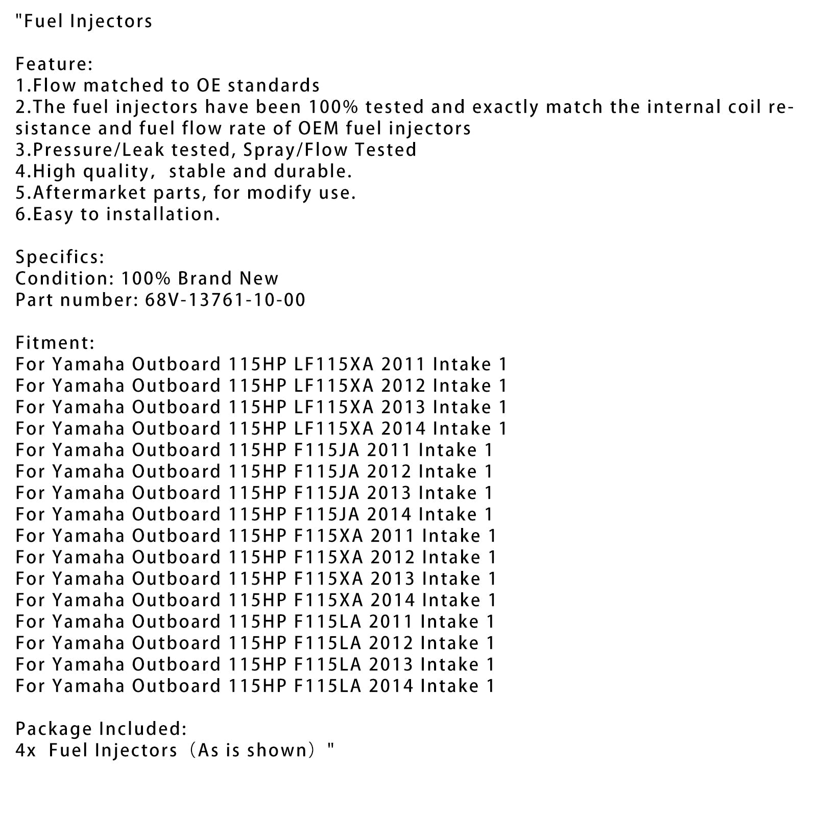 4PC 68V-13761-10-00 Fuel Injector For Yamaha Outboard 115HP F115JA F115LA 11-14