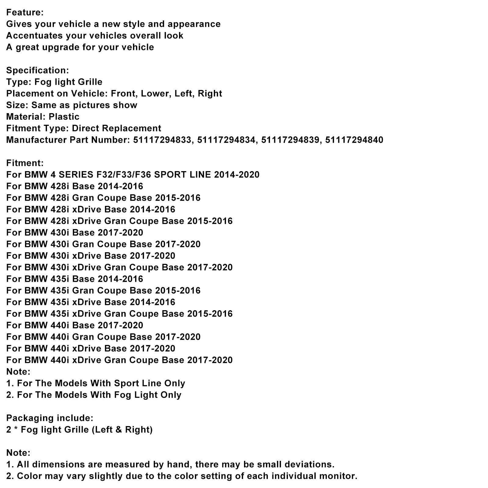 Fog Lamp Light Cover Insert Grill Grille 51117294831 Fit BMW F32 F33 F36 418D