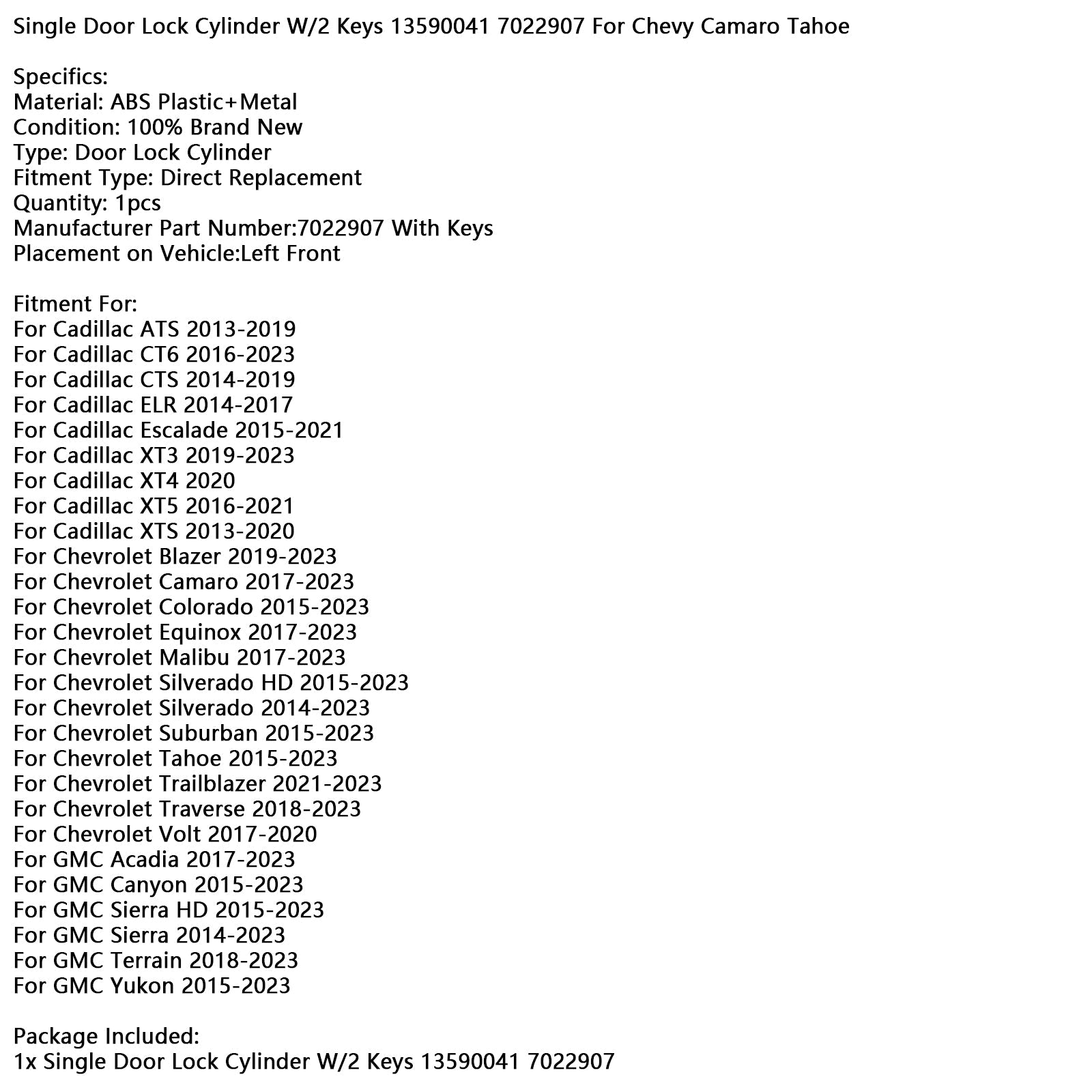 Left Front Doors Lock Cylinder W/2 Keys 13590041 7022907 For Chevy Camaro Tahoe