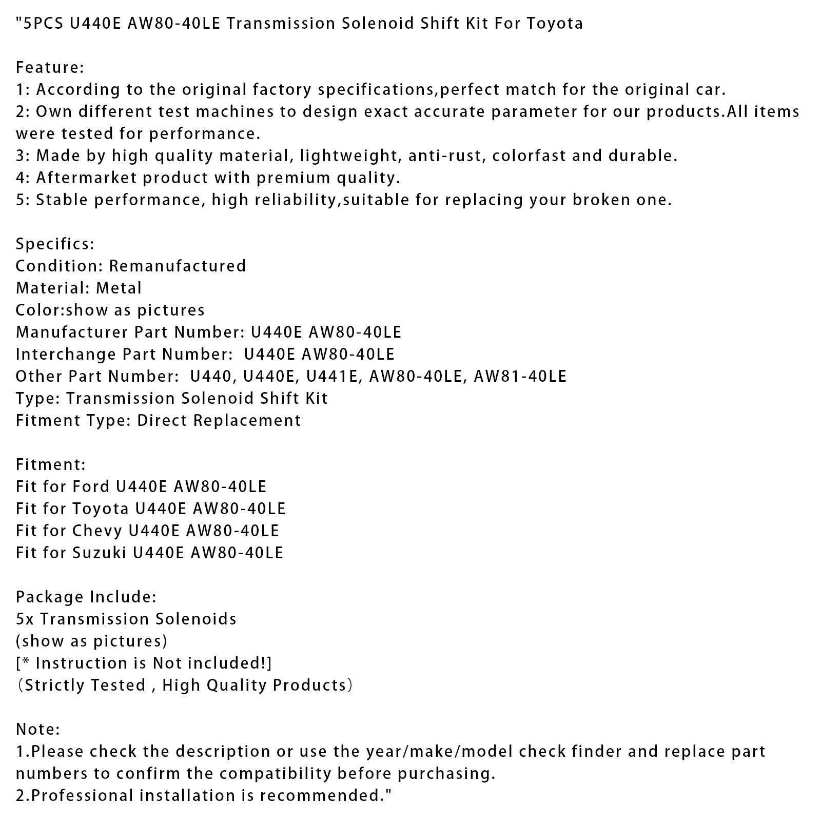 Ford Toyota Chevy Suzuki 5PCS U440E AW80-40LE Transmission Solenoid Shift Kit