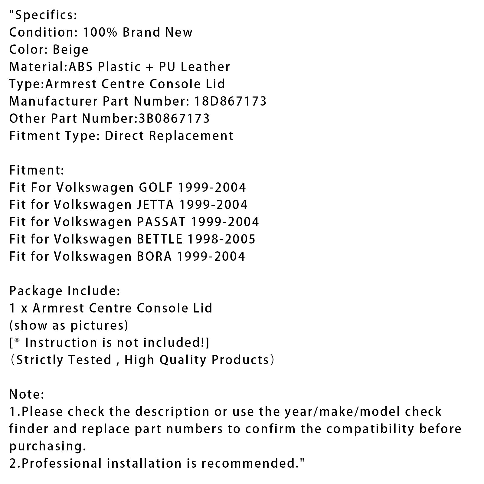 Beige Leather Armrest Centre Console Lid For VW MK4 Jetta Bora Golf 18D867173