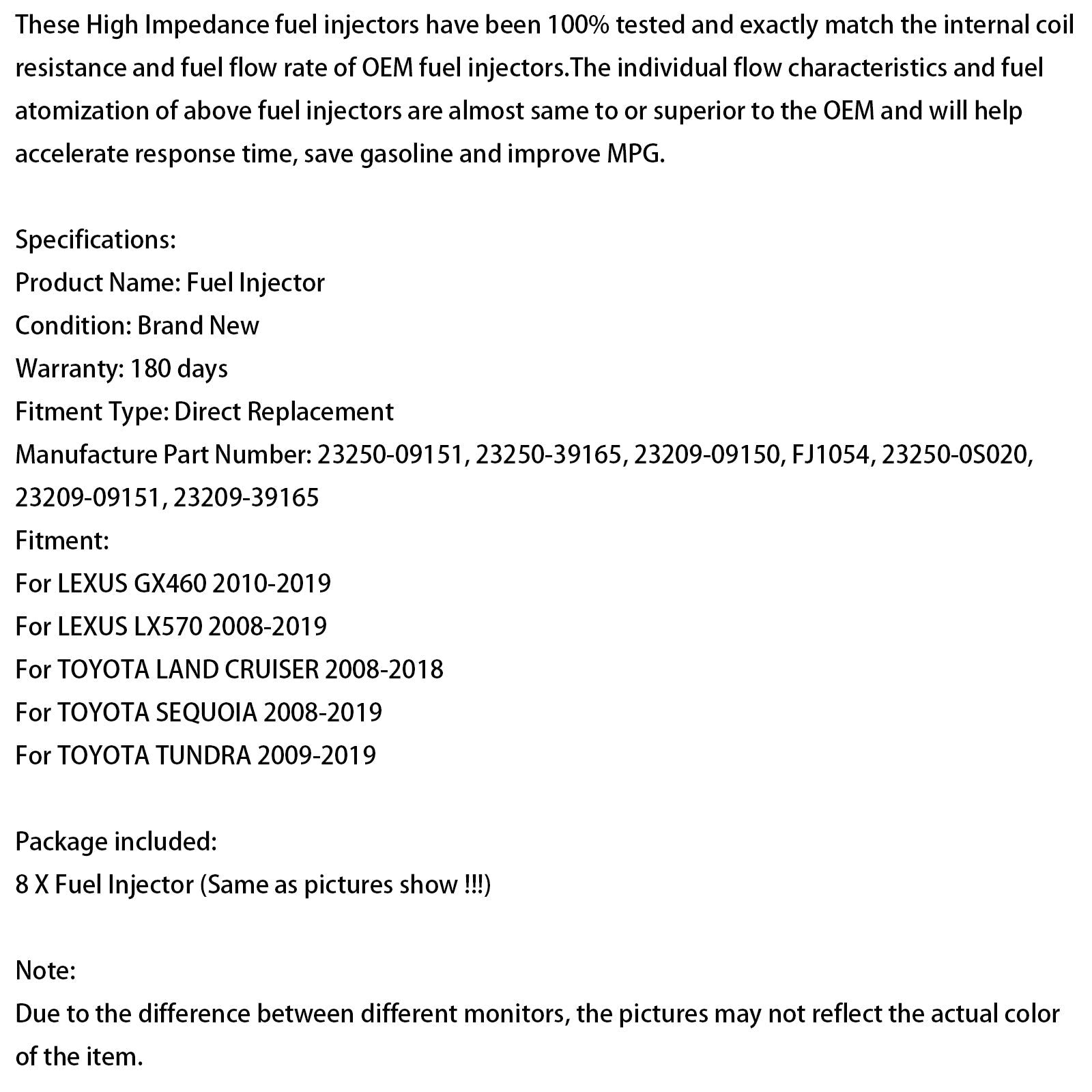 8PCS Fuel Injector 23250-0S020 Fit Toyota Tundra Sequoia 4.6L 5.7L 2008-2019