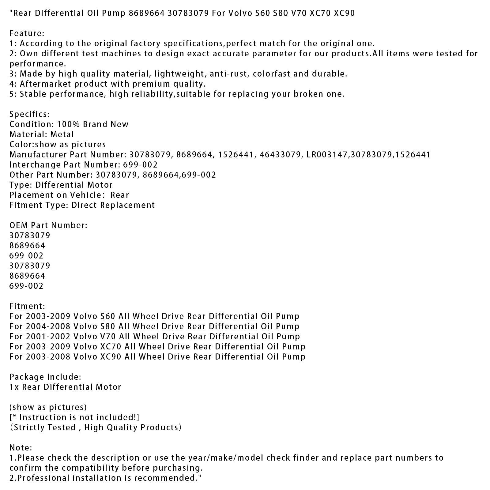 2003-2009 Volvo S60 All Wheel Drive Rear Differential Oil Pump 8689664 30783079