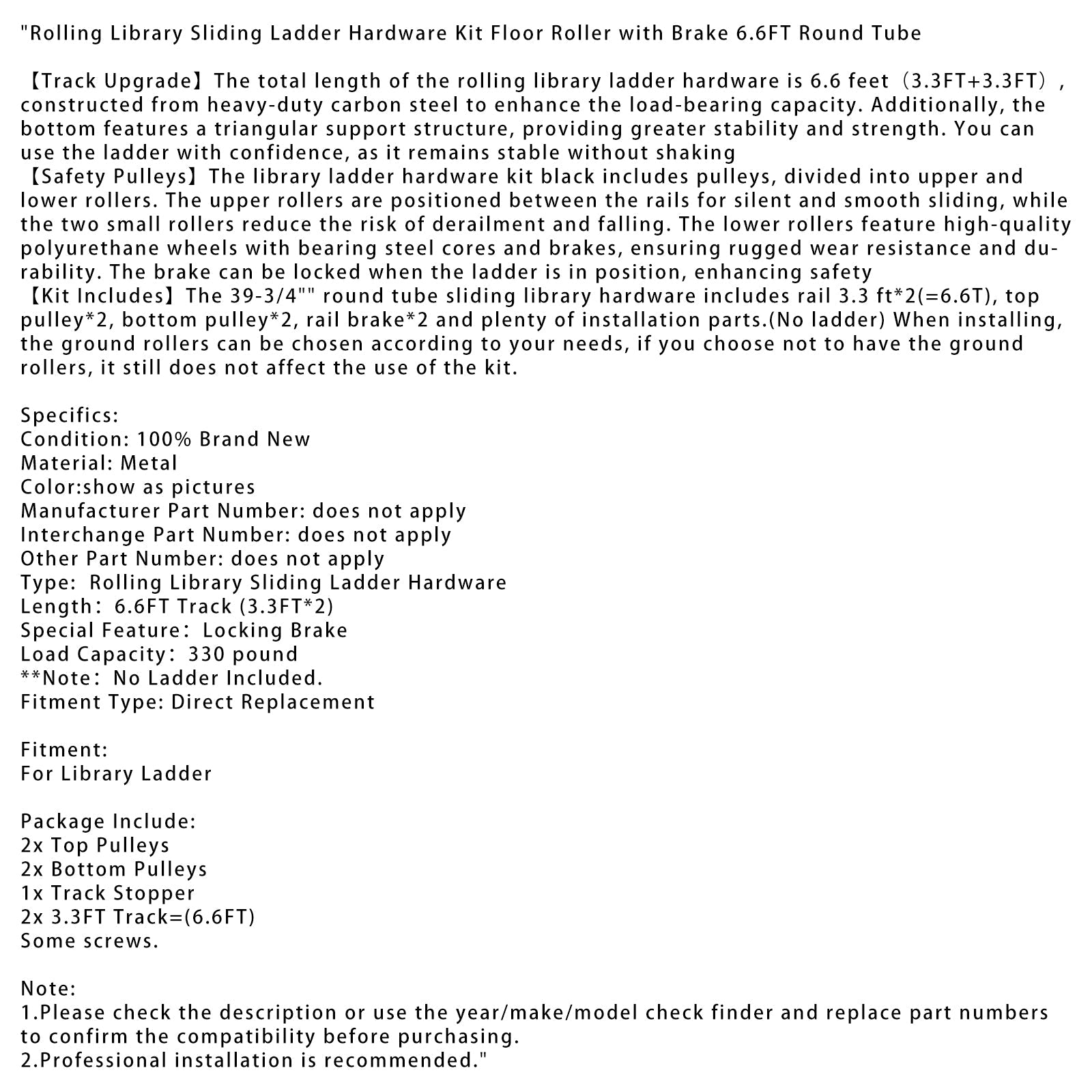 6.6FT Round Tube Rolling Library Sliding Ladder Hardware Kit with Brake