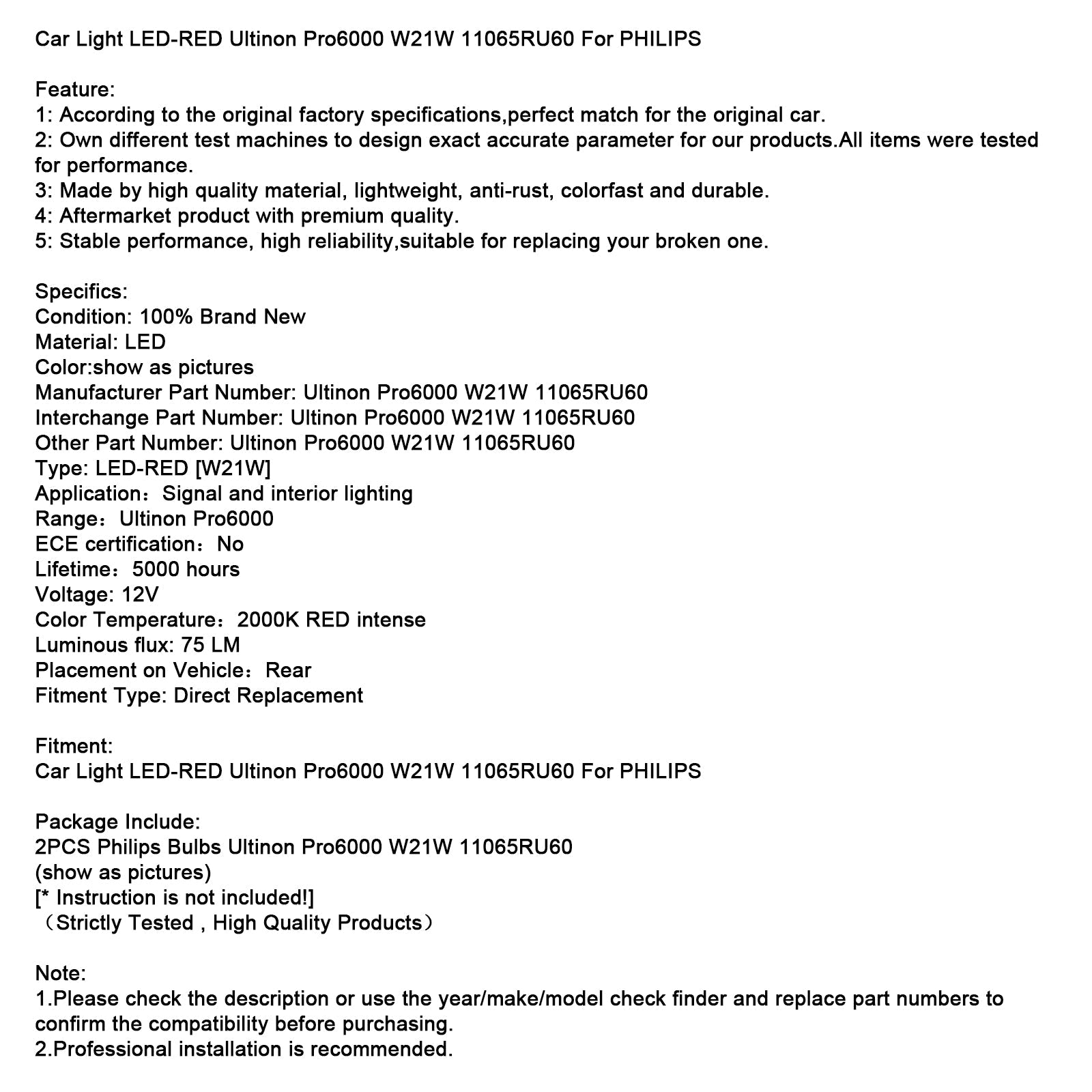 Car Light LED-RED Ultinon Pro6000 W21W 11065RU60 For PHILIPS