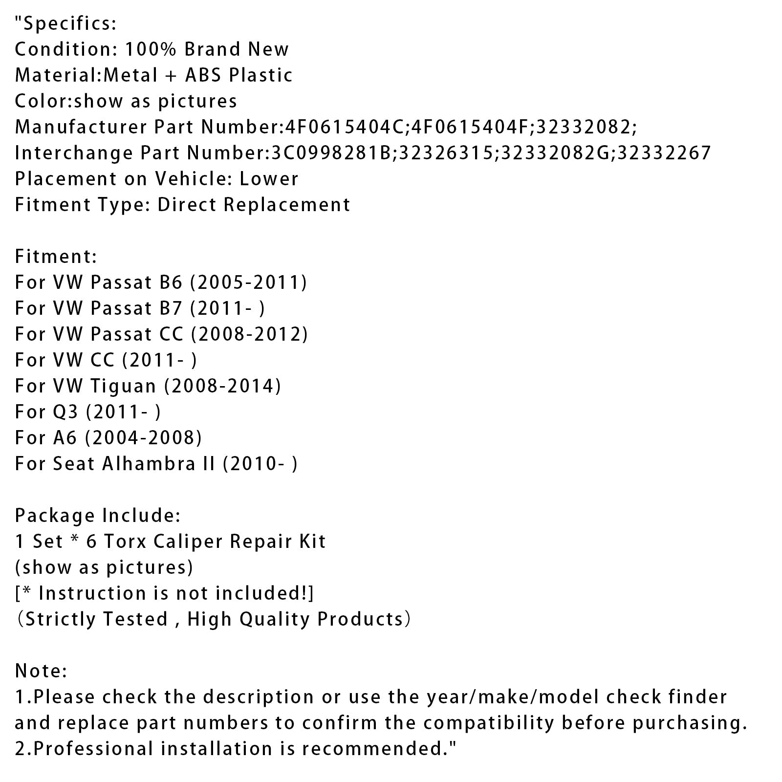 6 Torx Parking Rear Brake Caliper Motor Repair Kit For Audi VW Passat 32332082
