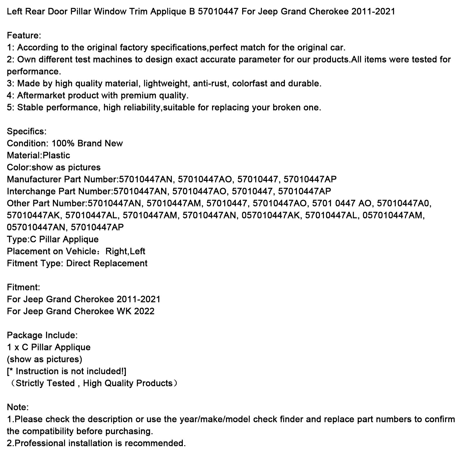 Left Rear Door Pillar Window Trim Applique B 57010447 For Jeep Grand Cherokee