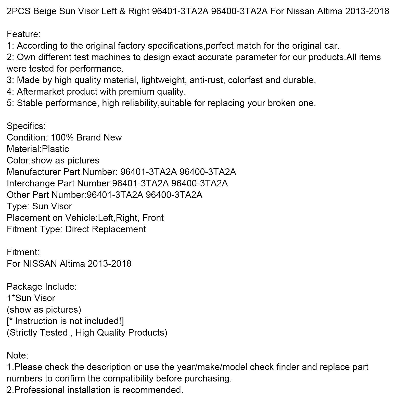 2013-2018 Nissan Altima 2PCS Beige Sun Visor Left & Right 96401-3TA2A 96400-3TA2A