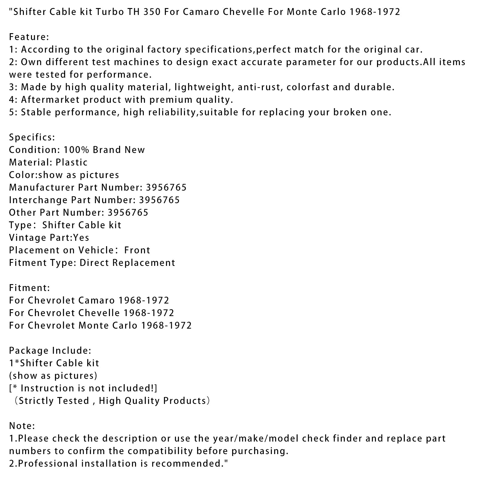 1968-1972 Chevrolet Monte Carlo Shifter Cable kit Turbo TH 350