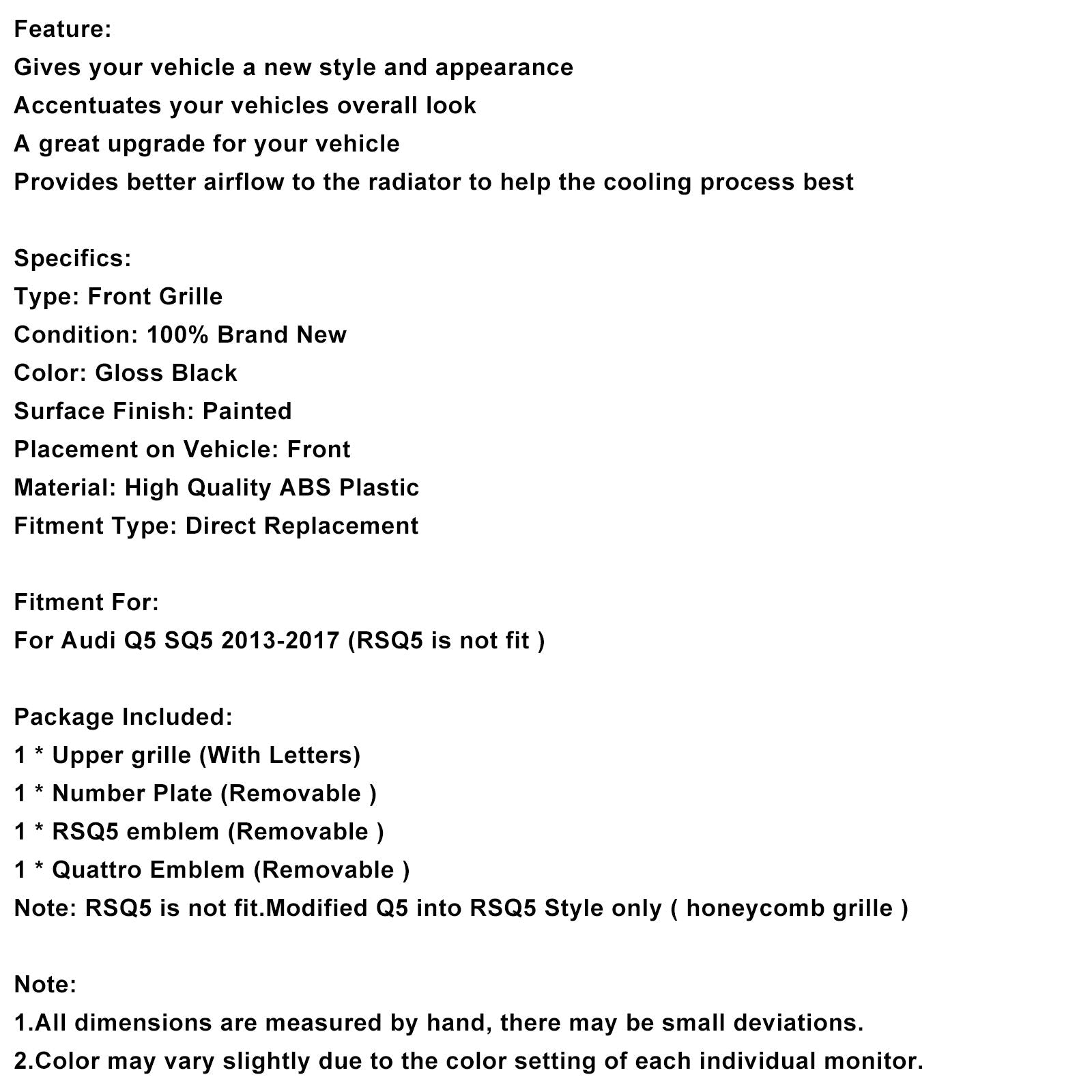 Gloss Black Front Honeycomb Bumper Grille Grill Fit Audi Q5 2013-2017