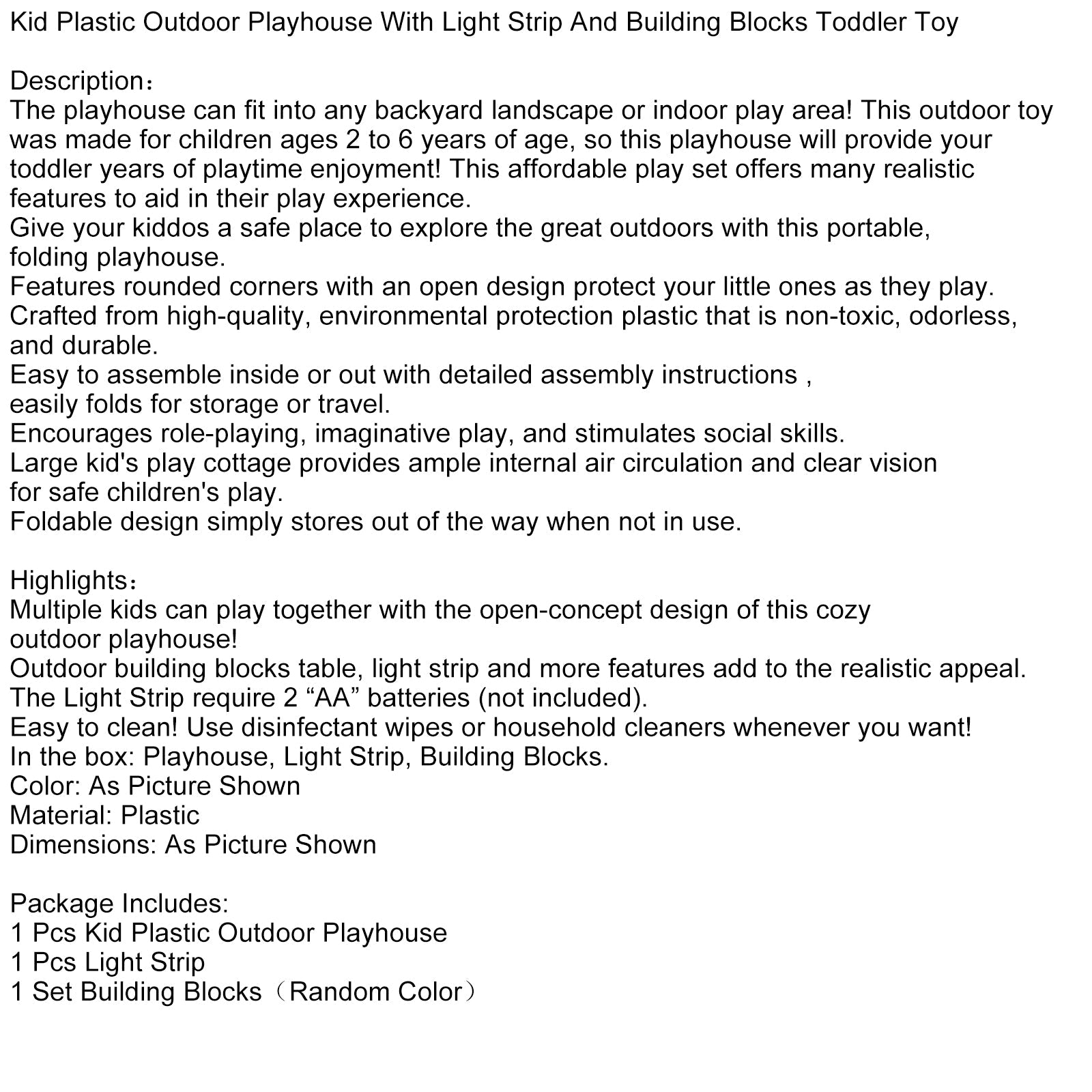 Kid Plastic Outdoor Playhouse With Light Strip And Building Blocks Toddler Toy