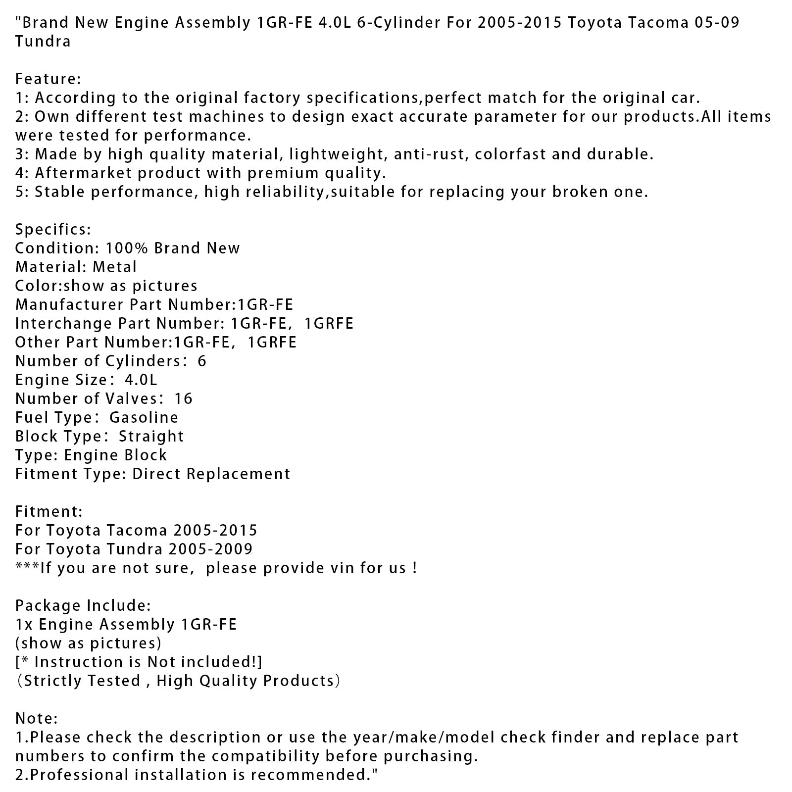 Brand New Engine 1GR-FE 4.0L 6-Cylinder For 2005-2015 Toyota Tacoma 05-09 Tundra