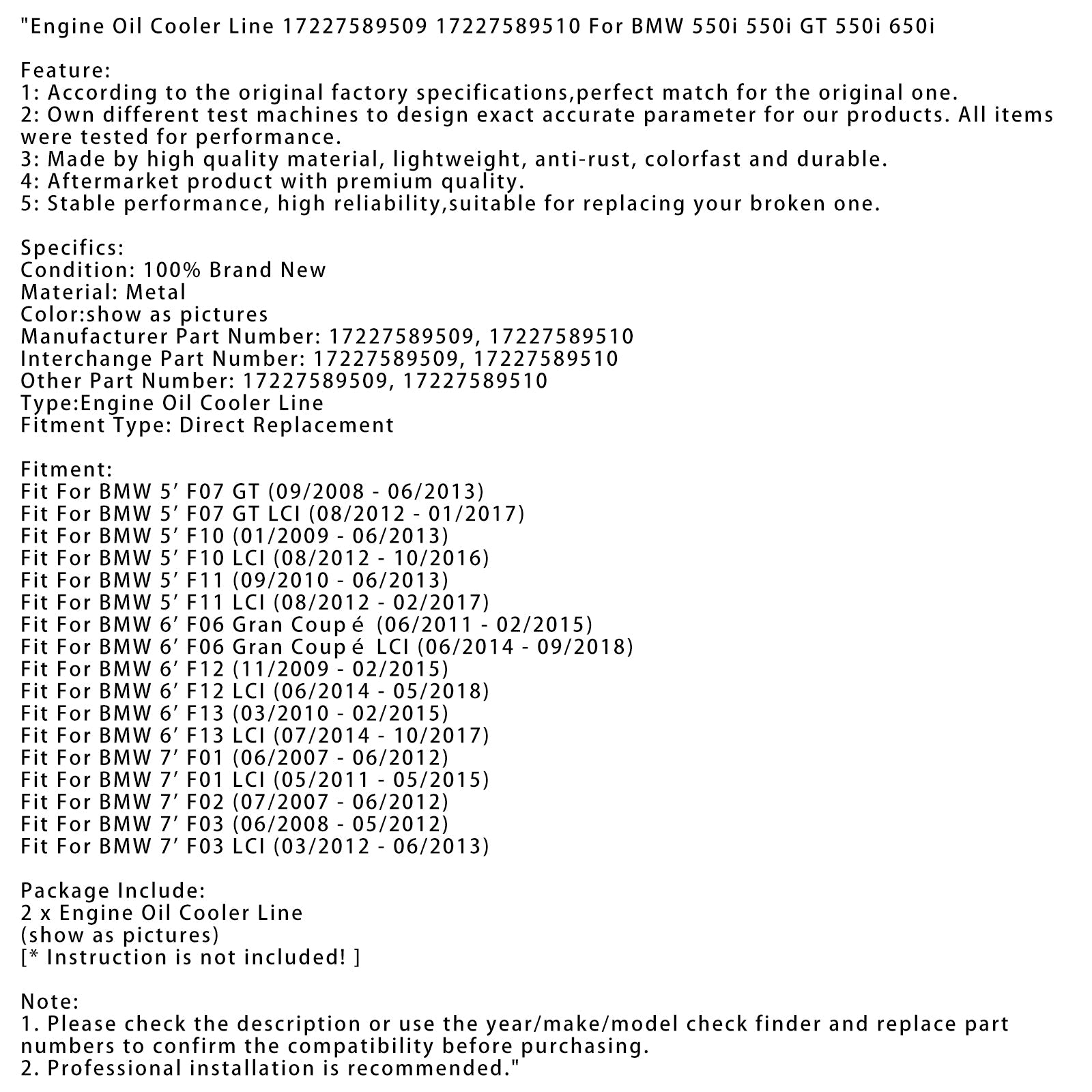 Engine Oil Cooler Line 17227589509 17227589510 For BMW 550i 550i GT 550i 650i