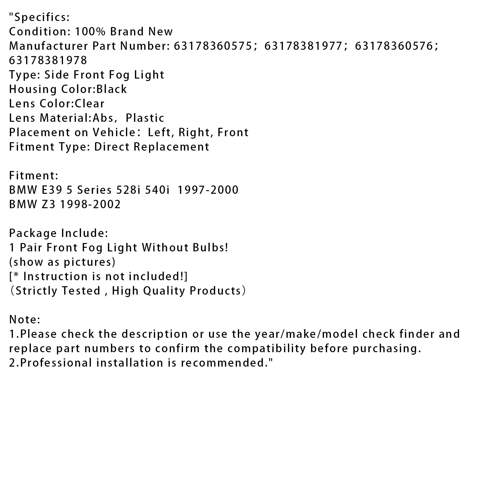 Pair Front Bumper Fog Light Lamps Without Bulbs For BMW E39 5-Serise 1995-1998