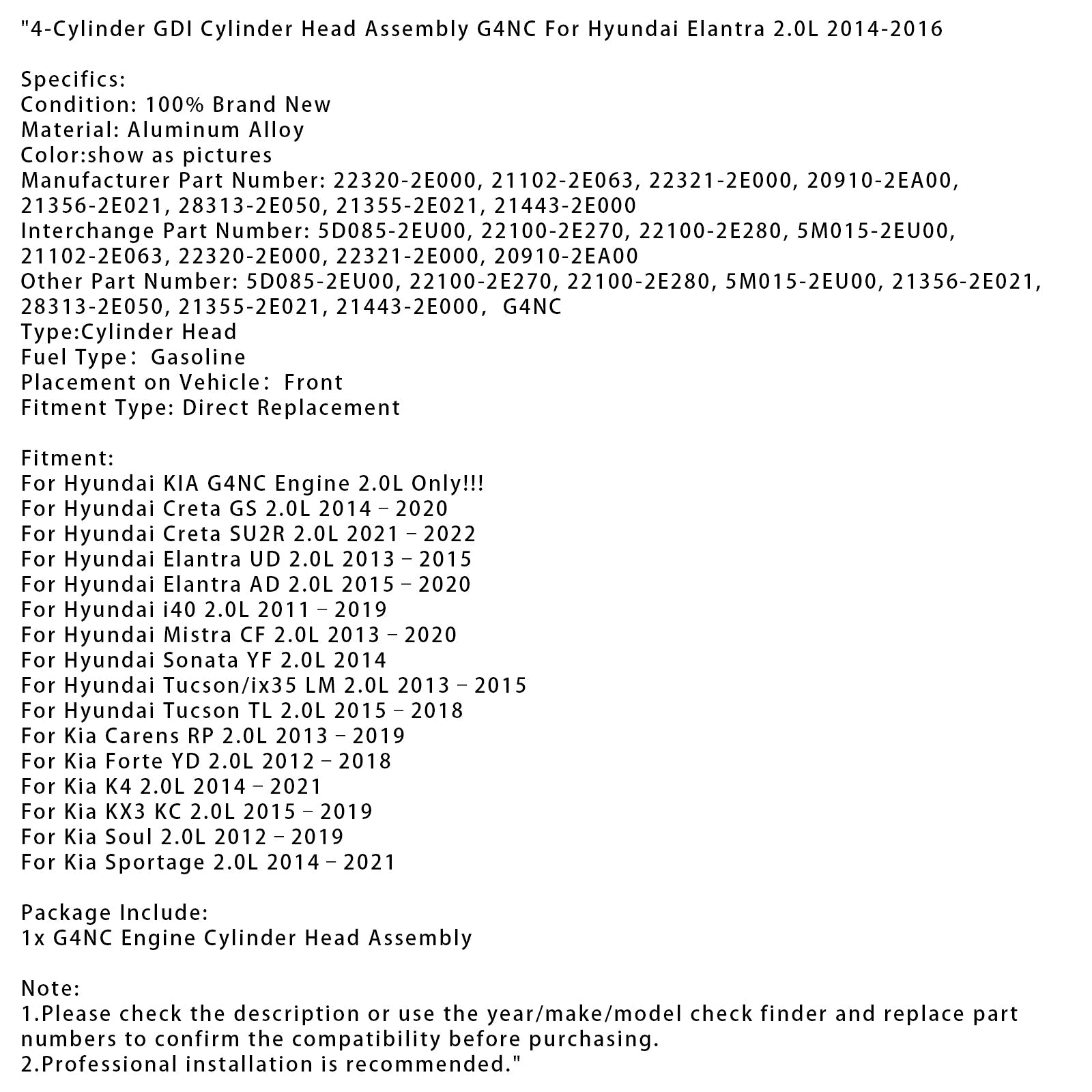 4-Cylinder GDI Cylinder Head Assembly G4NC For Hyundai Elantra 2.0L 2014-2016