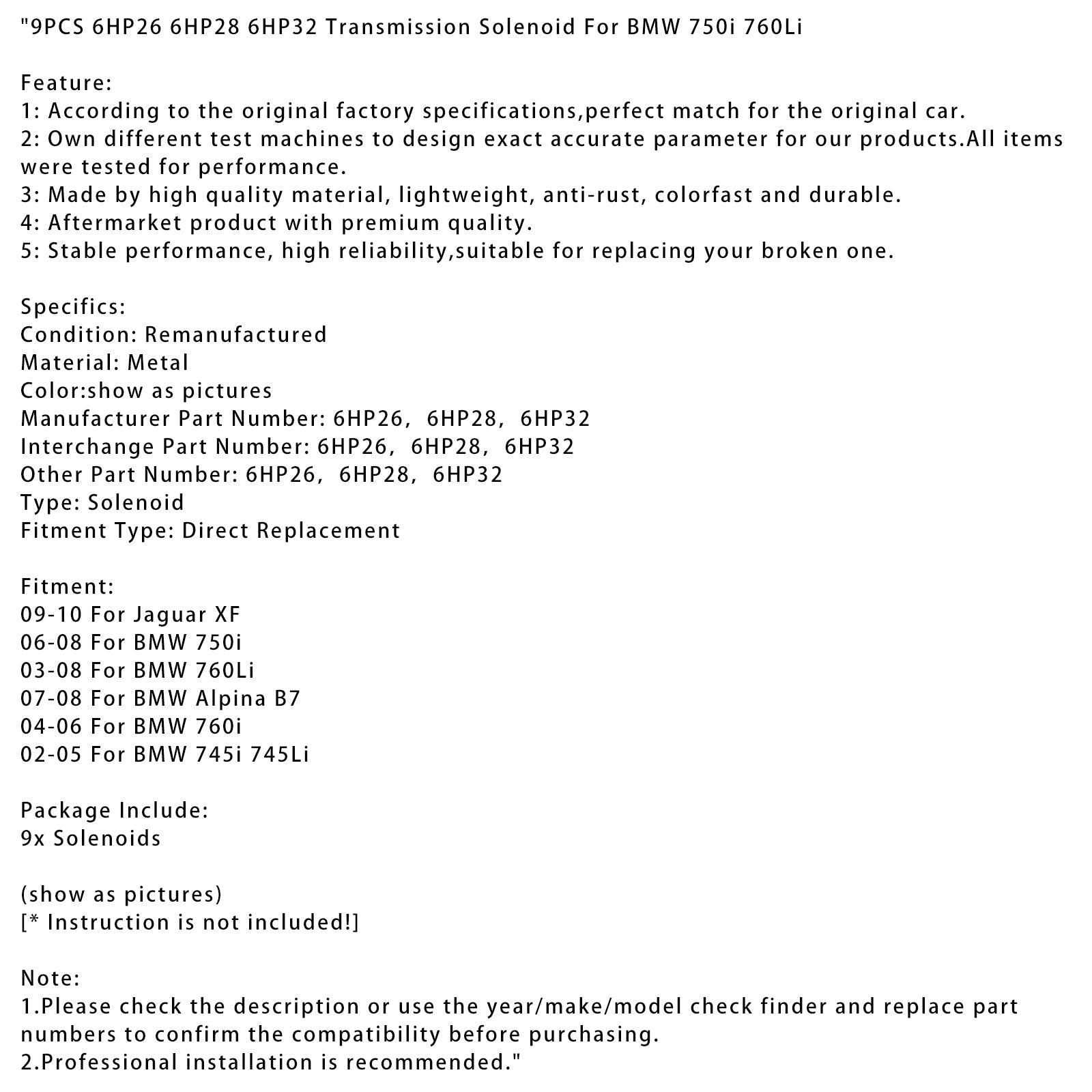 9PCS 6HP26 6HP28 6HP32 Transmission Solenoid For BMW 750i 760Li