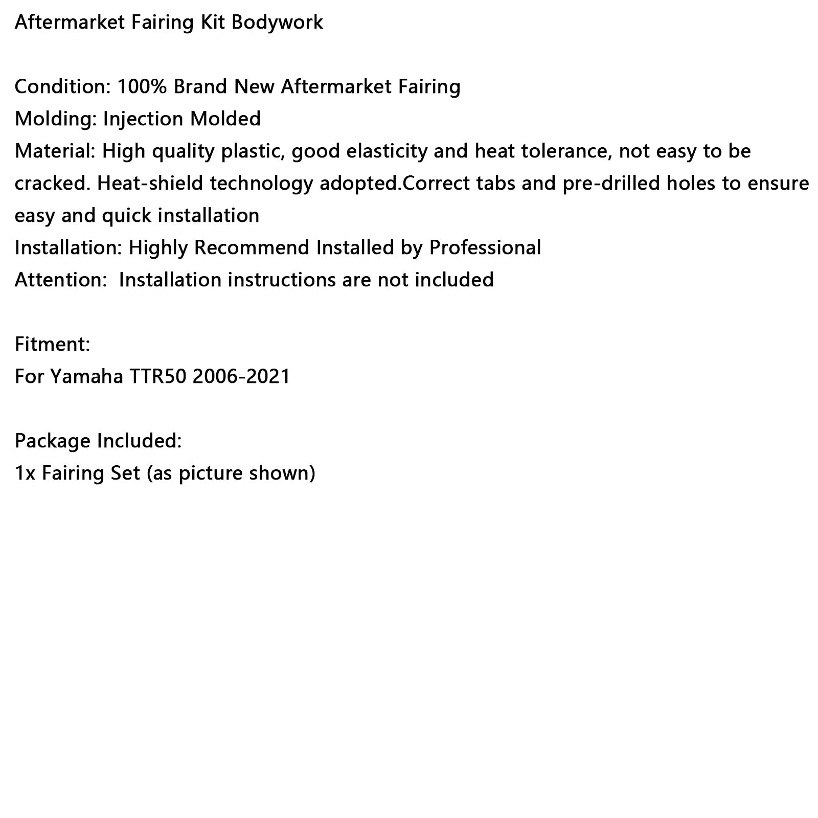 2006-2021 Yamaha TTR50 Body Plastic Kit Front Rear Fender Fairing