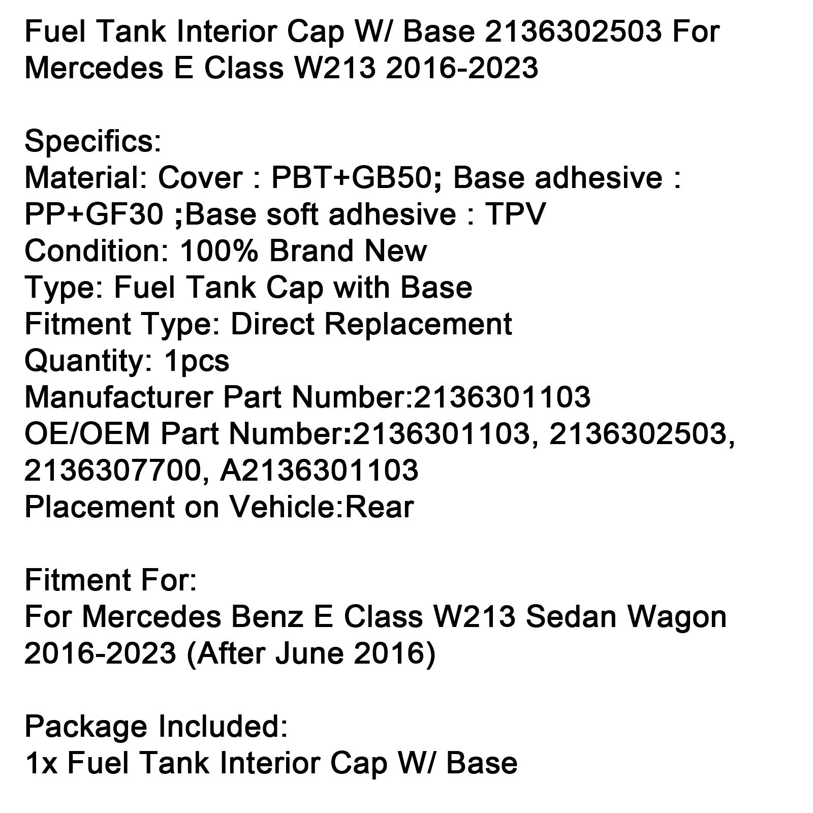 2016-2023 Mercedes E Class W213 Fuel Tank Interior Cap W/ Base 2136302503