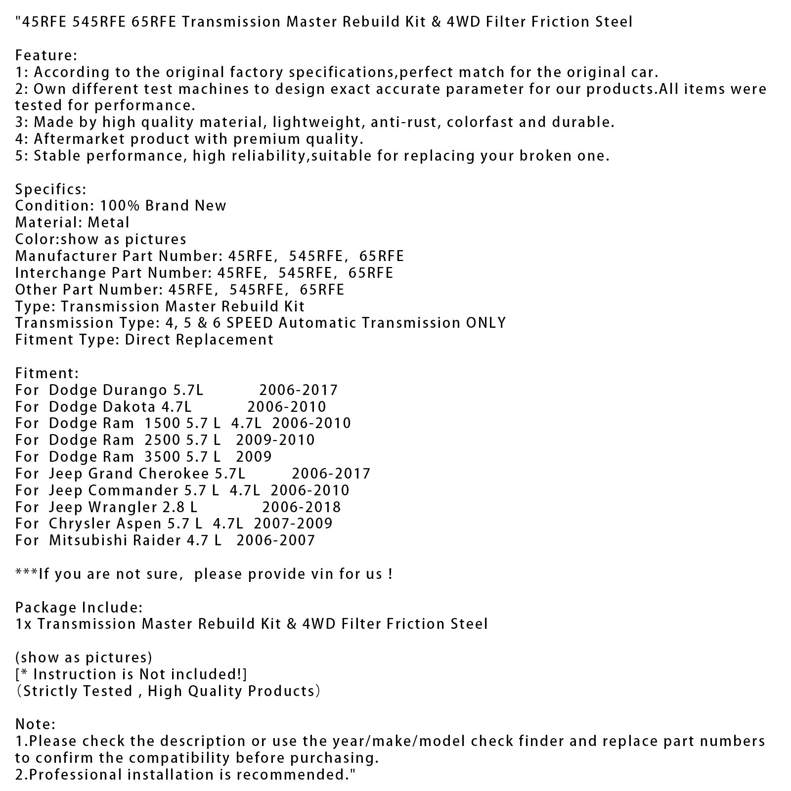 45RFE 545RFE 65RFE Transmission Master Rebuild Kit & 4WD Filter Friction Steel