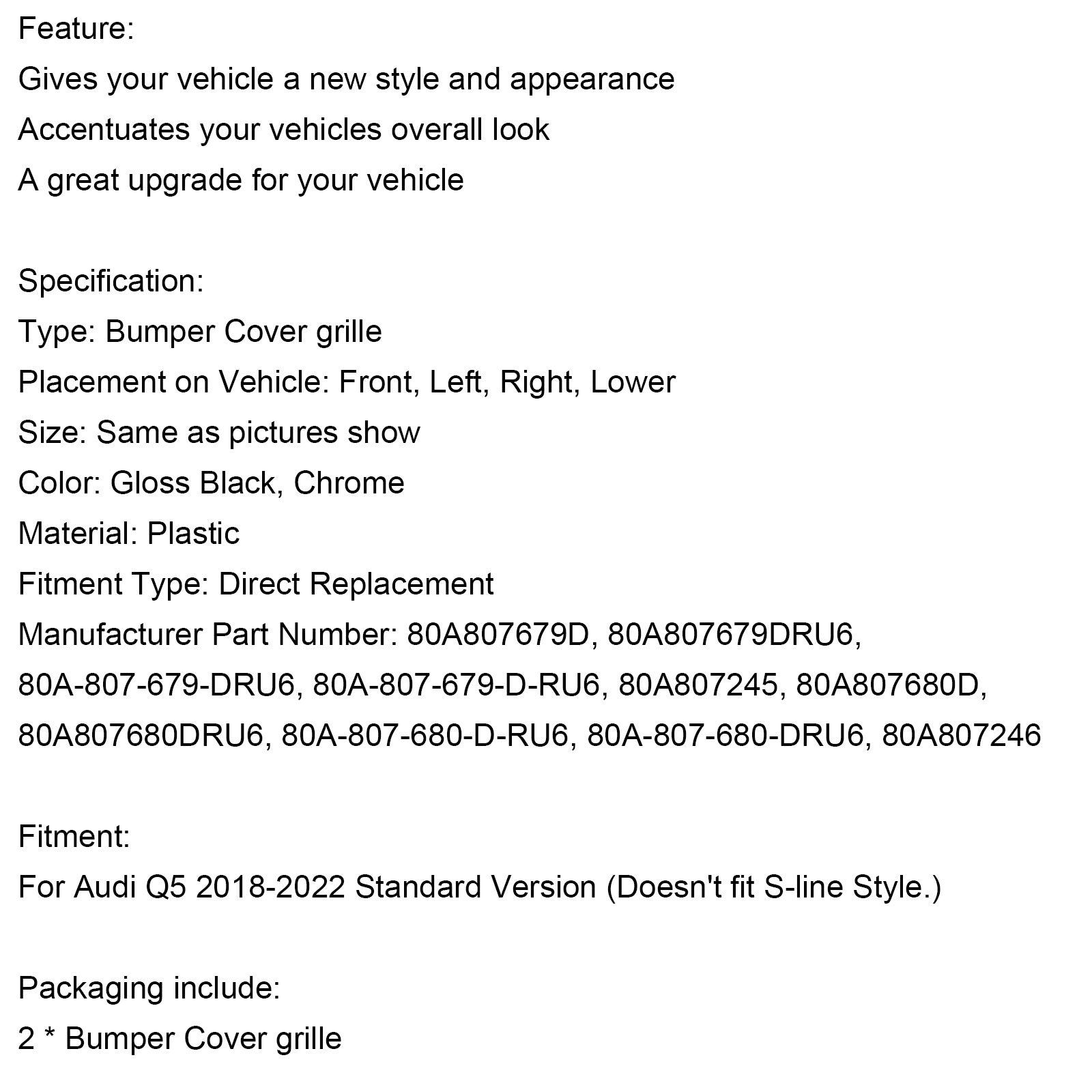 2PCS Front Bumper Cover Grille Bezel Insert Fit Audi Q5 2018-2022 Black/Chrome