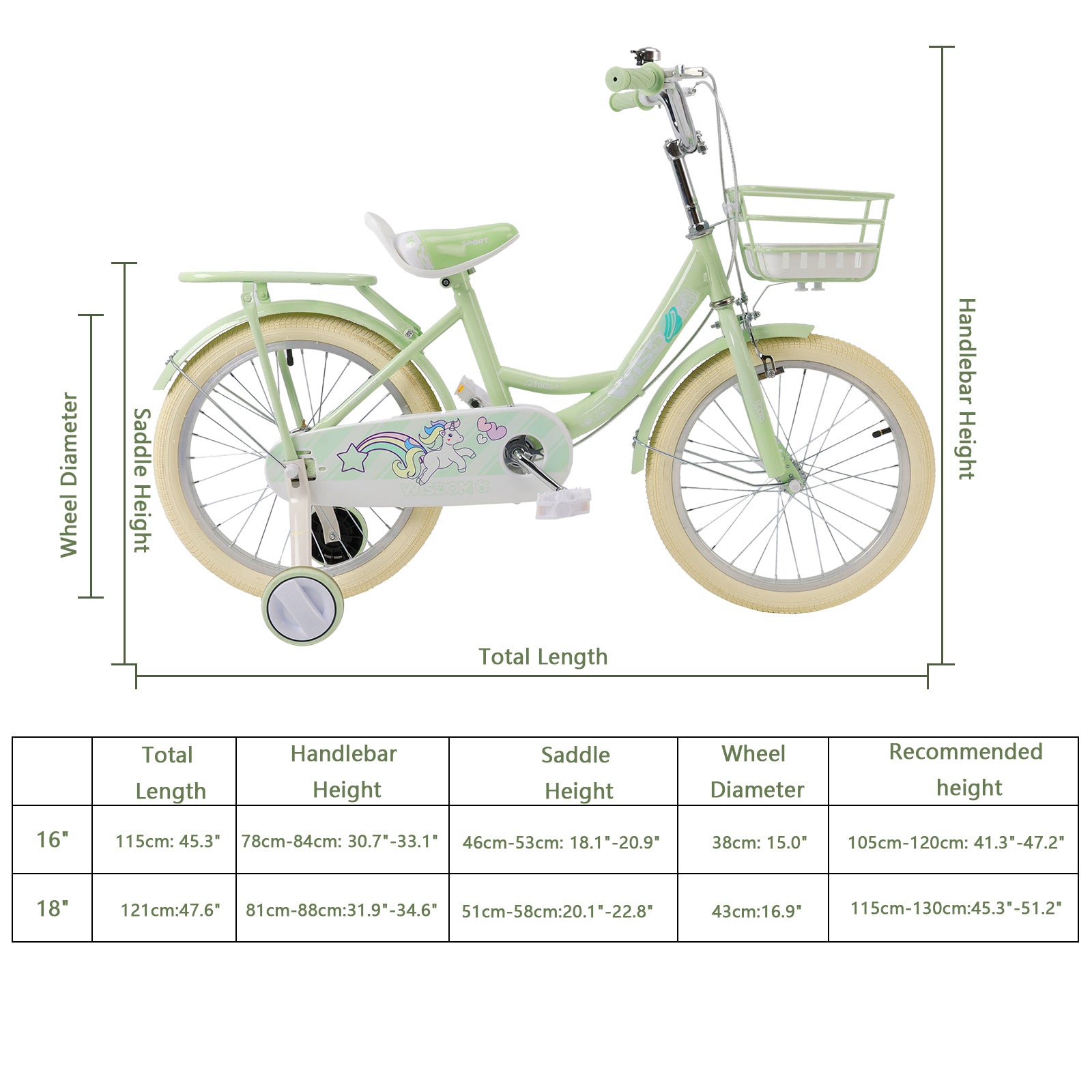 16" Child Bicycle Girls Bike with auxiliary wheels & Rack & Basket Green