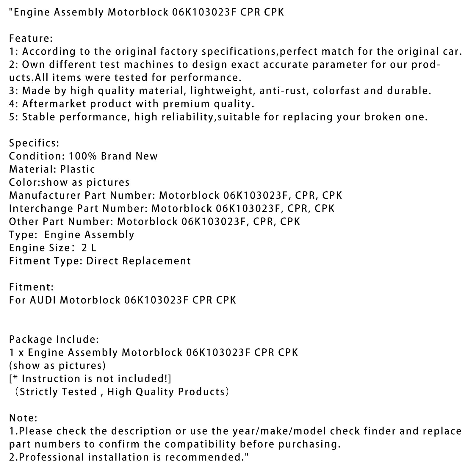 Engine Assembly Motorblock 06K103023F CPR CPK