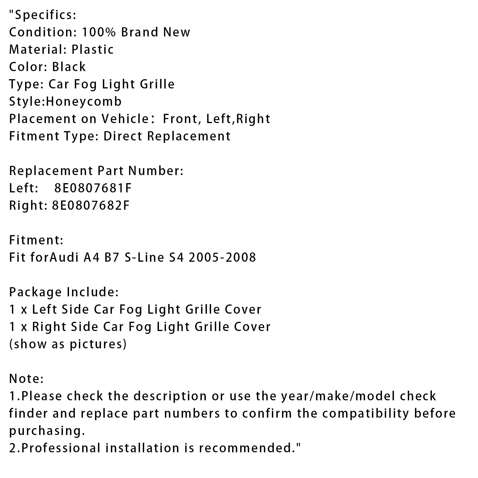 2005-2008 Audi A4 B7 S-Line S4 Front Bumper Honeycomb Fog Grille Cover