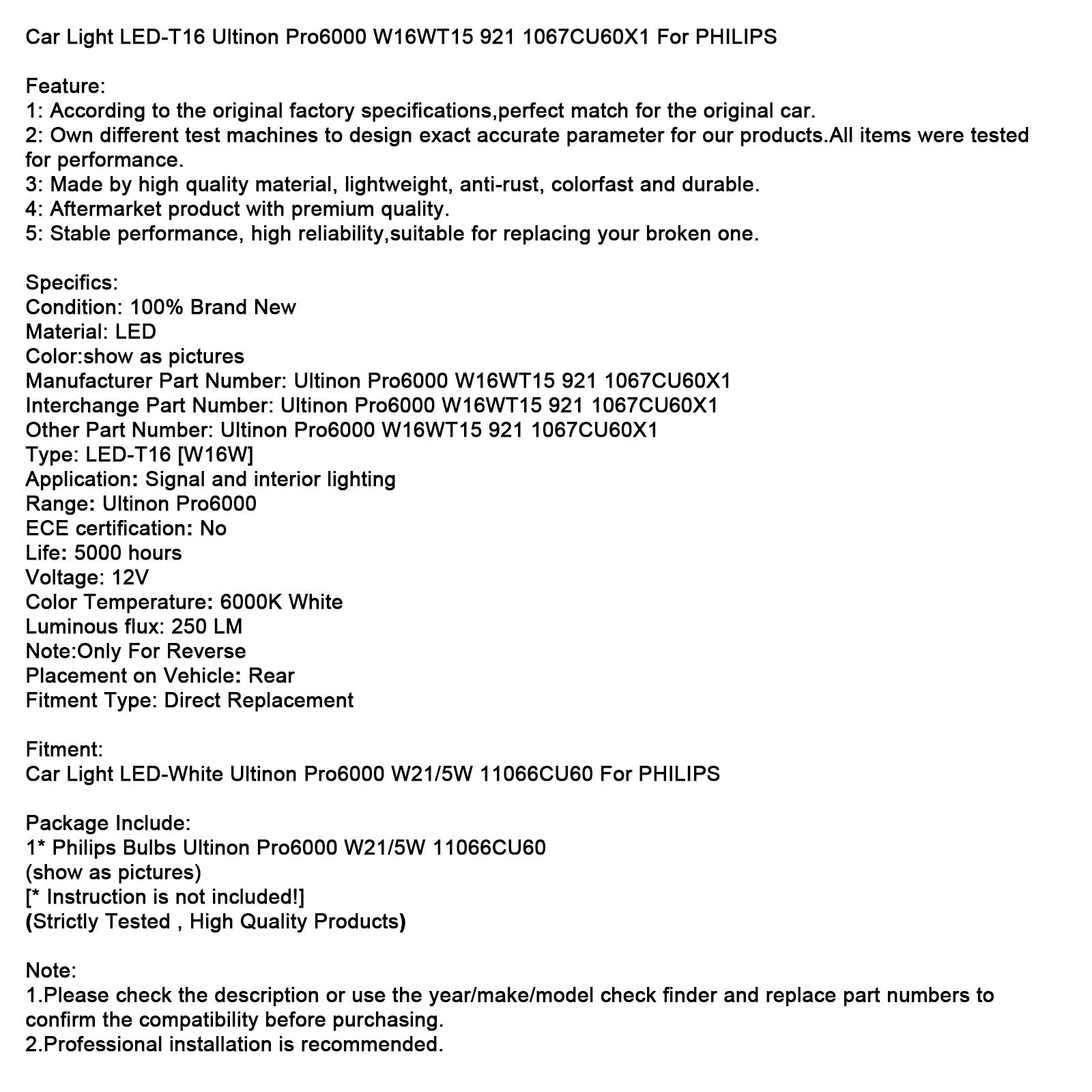 Car Light LED-T16 Ultinon Pro6000 W16WT15 921 1067CU60X1 For PHILIPS