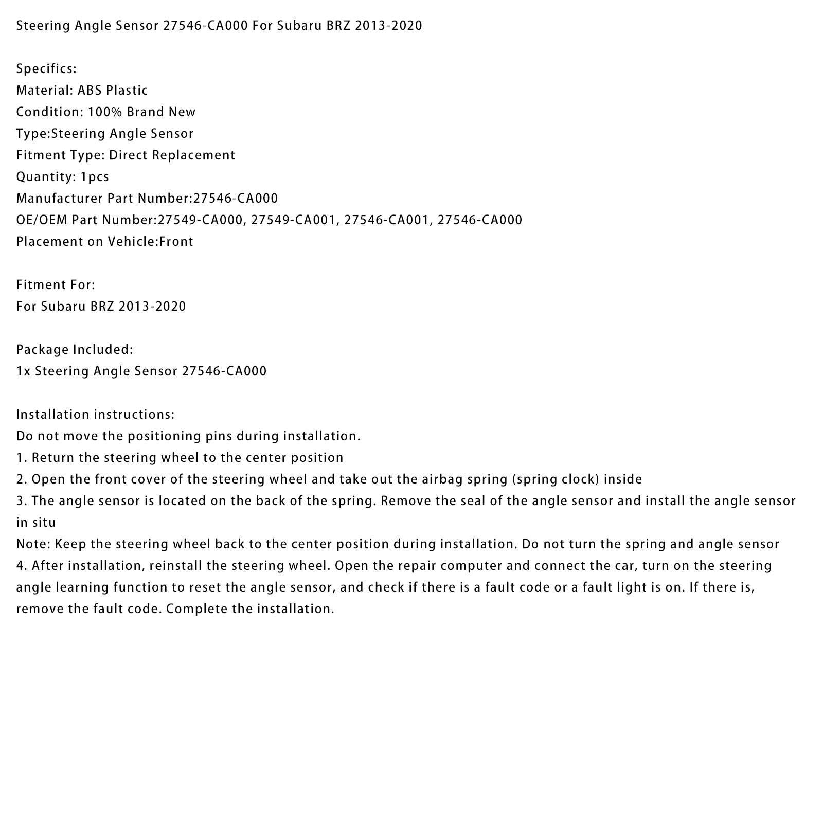 2013-2020 Subaru BRZ Steering Angle Sensor 27546-CA000 27549-CA001