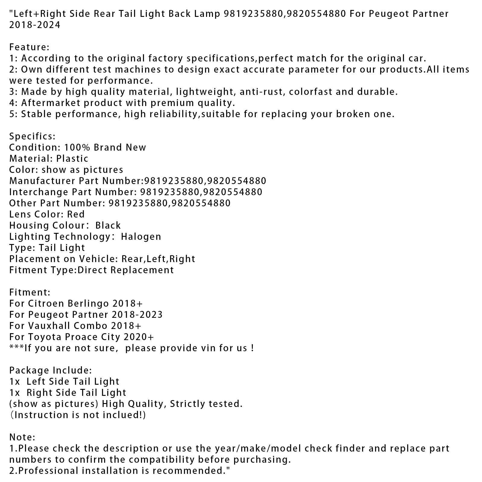2018-2023 Peugeot Partner Left+Right Side Rear Tail Light Back Lamp 9819235880 9820554880