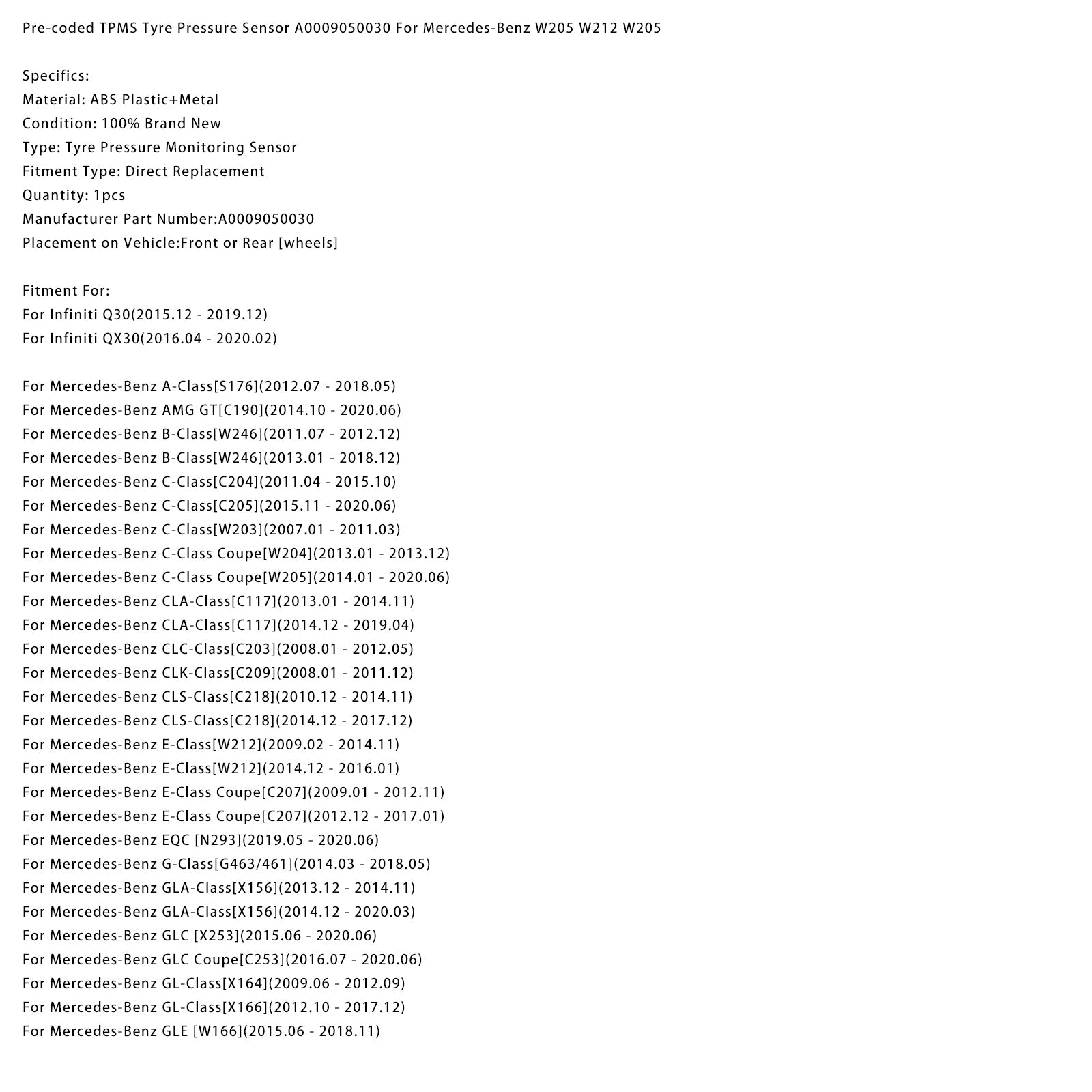TPMS Tyre Pressure Sensor A0009050030 For Mercedes-Benz W205 W212 W205