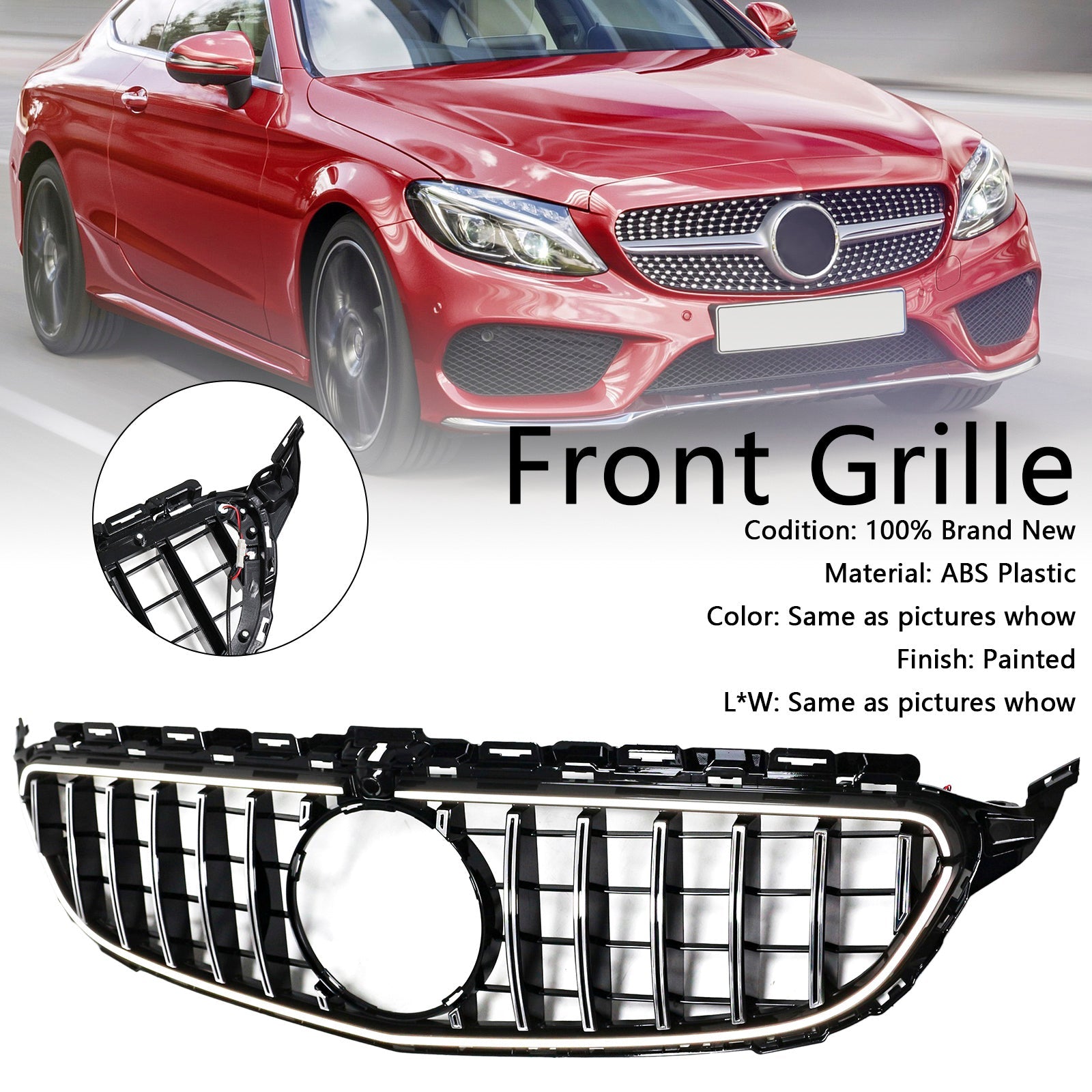 Chrome Front Bumper Grill Grille Fit Mercedes W205 C250 C300 2015-2021 W/LED