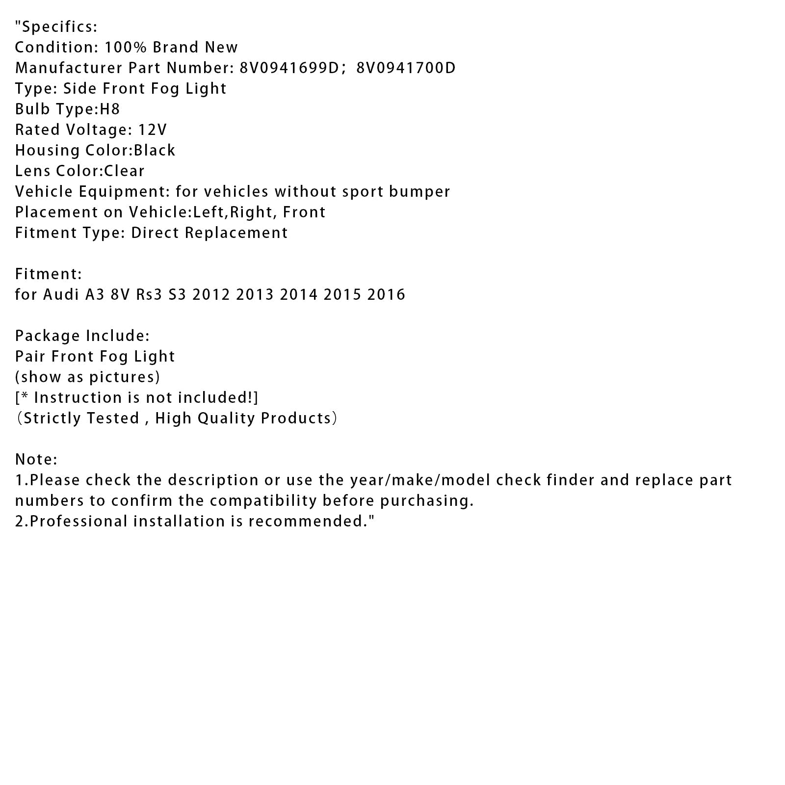 2012-2016 아우디 A3 8V RS3 S3 앞좌석 오른쪽 안개등 램프 2개 (전구 포함)