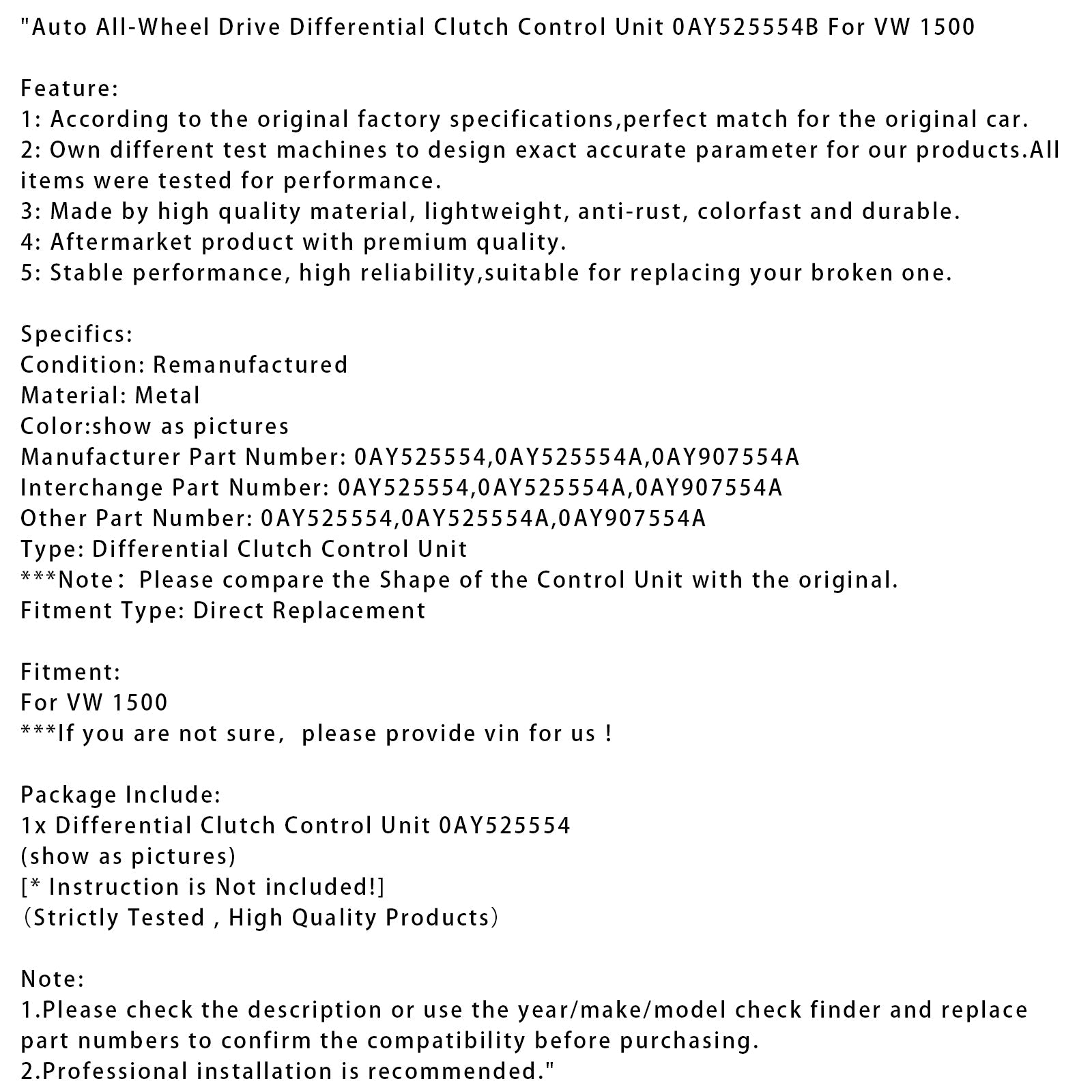 VW 1500 Auto All-Wheel Drive Differential Clutch Control Unit 0AY525554B 0AY525554A