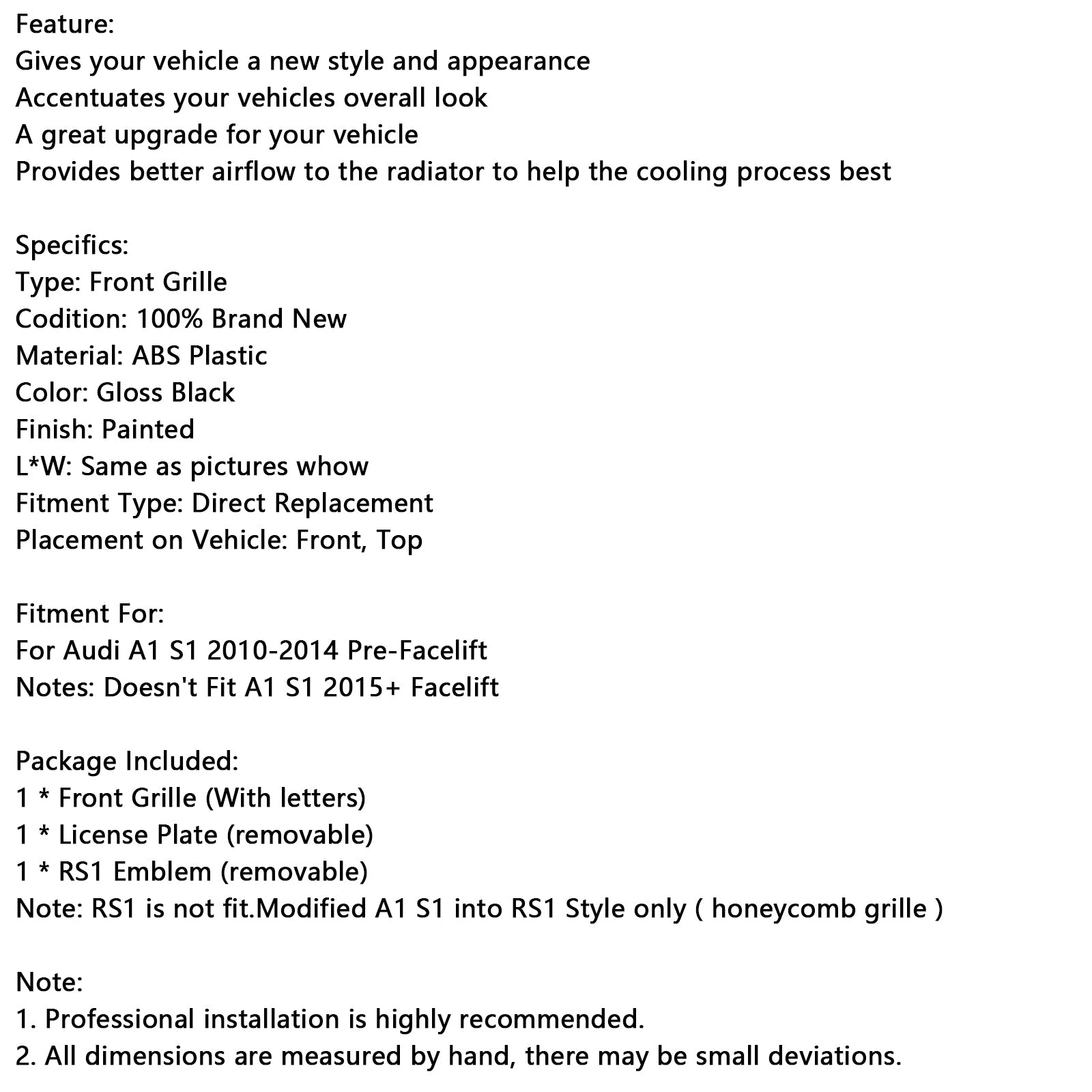 Gloss Black Front Honeycomb Bumper Grill Grille Fit Audi A1 S1 2010-2014