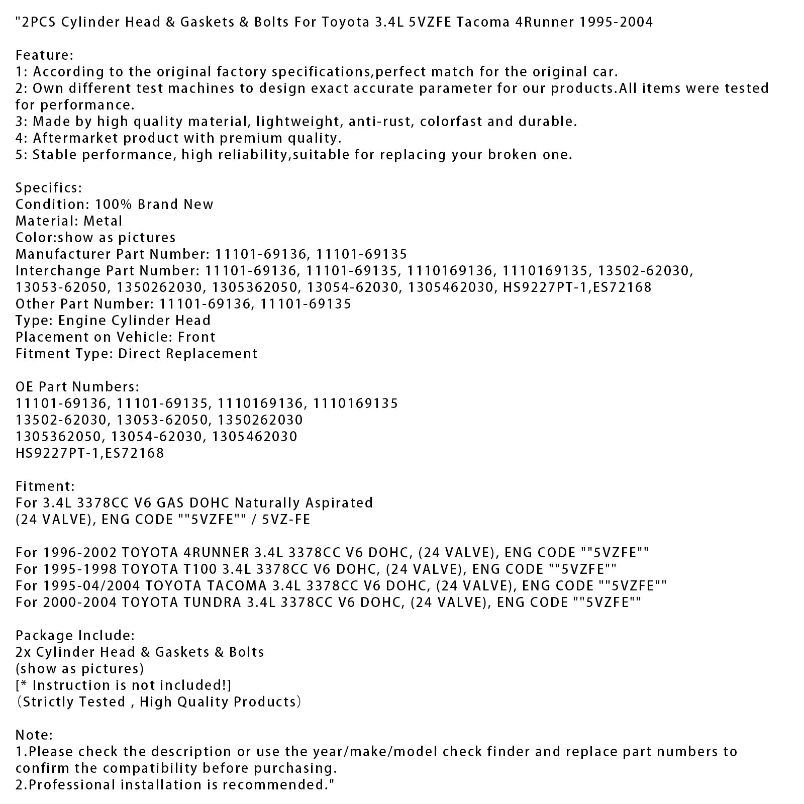 2PCS Cylinder Head & Gaskets & Bolts For Toyota 3.4L 5VZFE Tacoma 4Runner 1995-2004
