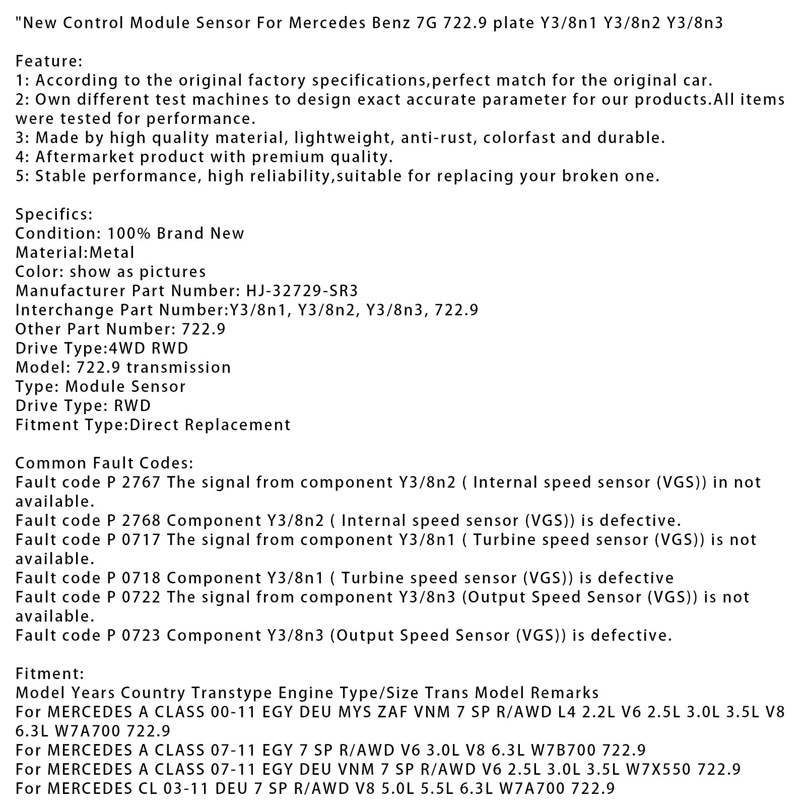 New Control Module Sensor For Mercedes Benz 7G 722.9 plate Y3/8n1 Y3/8n2 Y3/8n3