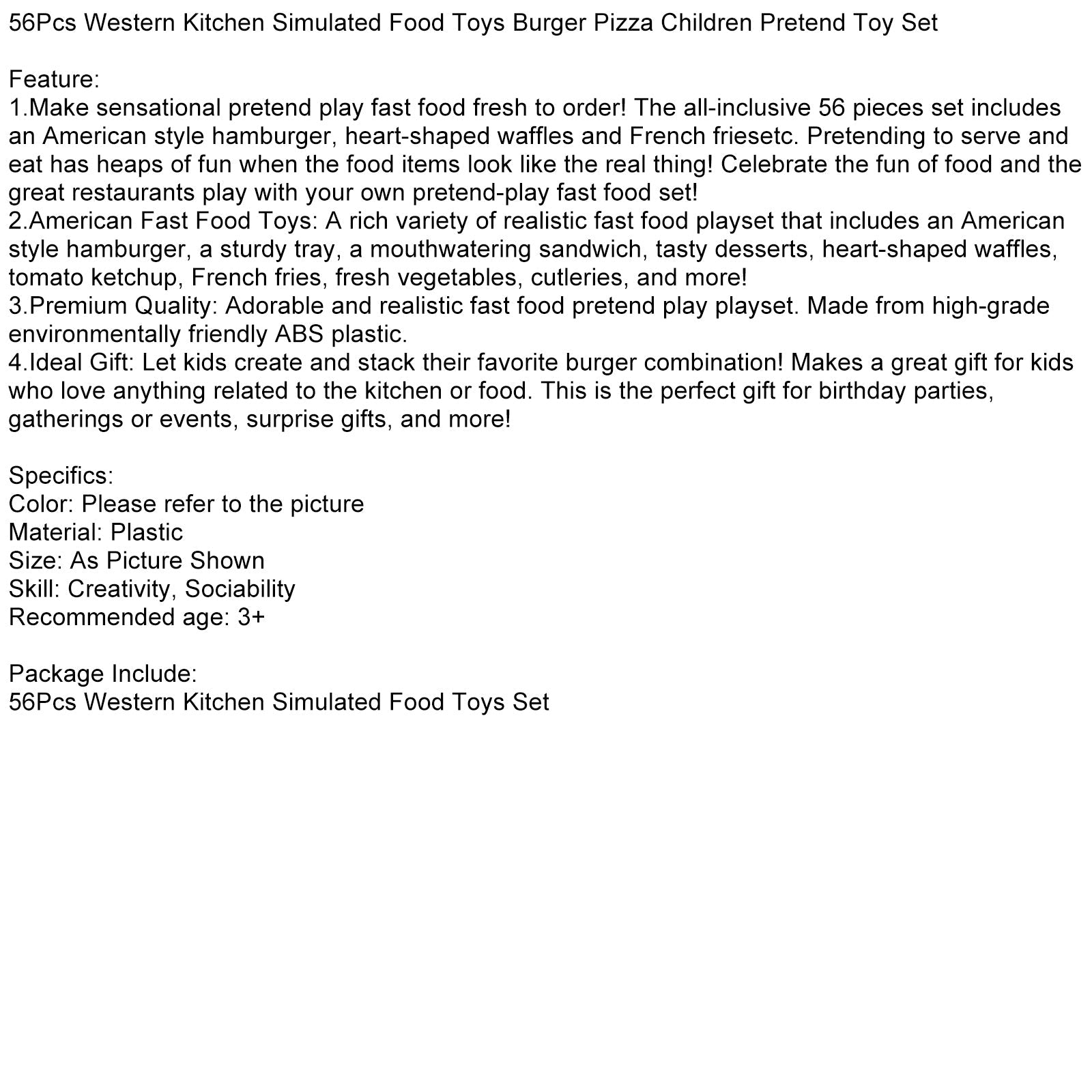 56Pcs Western Kitchen Simulated Food Toys Burger Pizza Children Pretend Toy Set