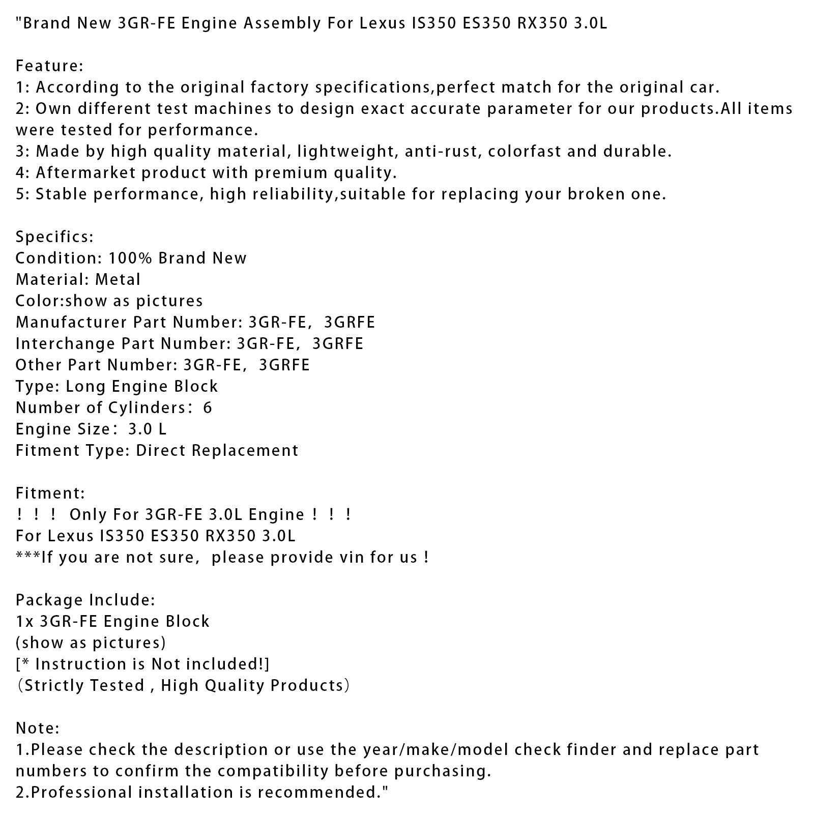 Brand New 3GR-FE Engine Assembly For Lexus IS350 ES350 RX350 3.0L