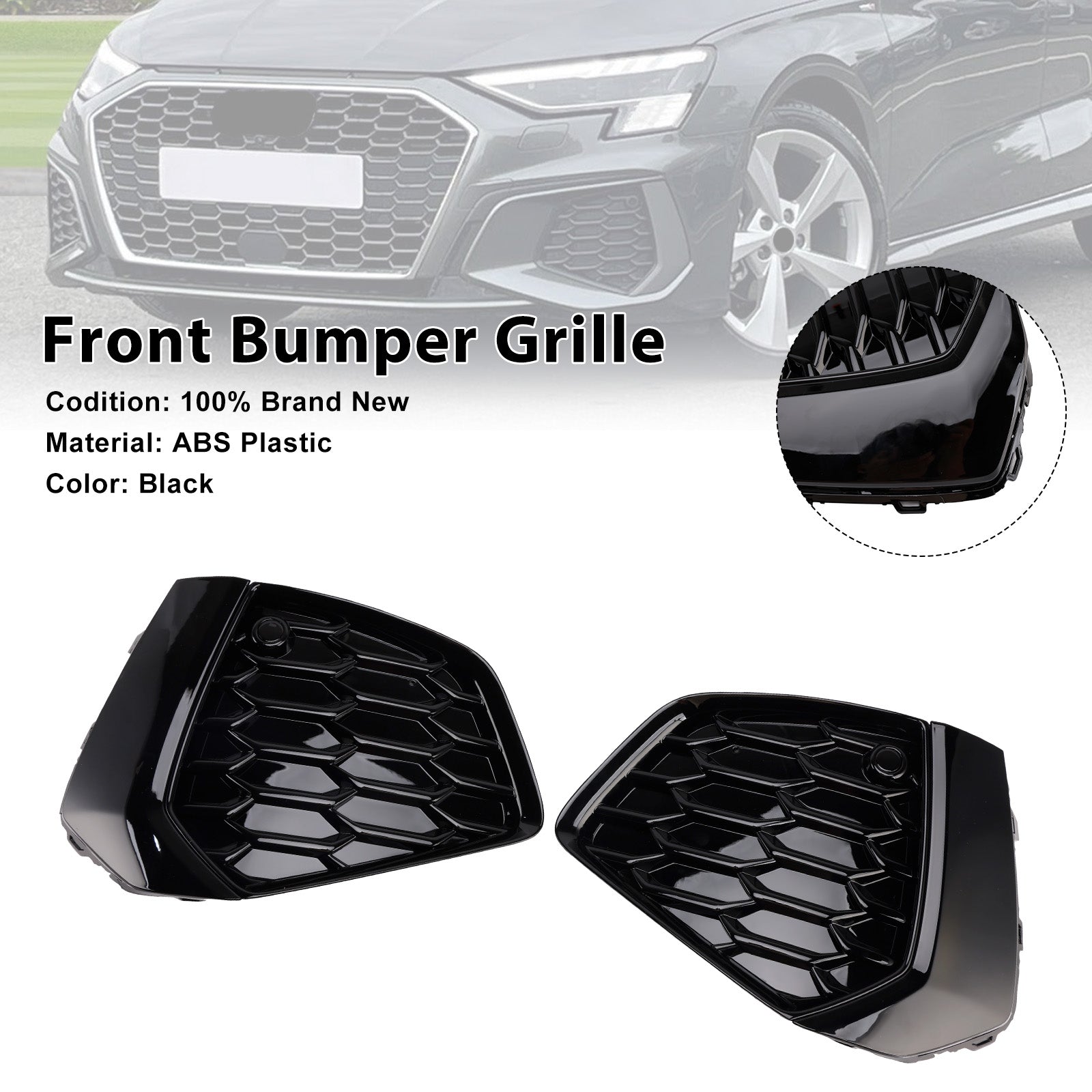 Black Front Honeycomb Fog Light Grille Cover Fit Audi A3 S-line 2021-2023