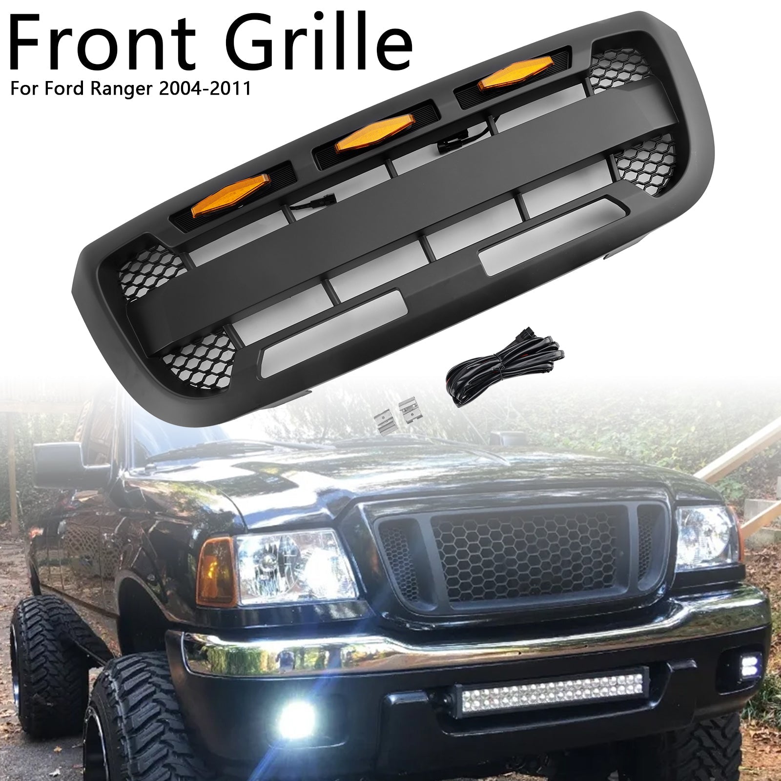 Matt Black Front Bumper Grill Grille Fit Ford Ranger 2004-2011 With LED Light