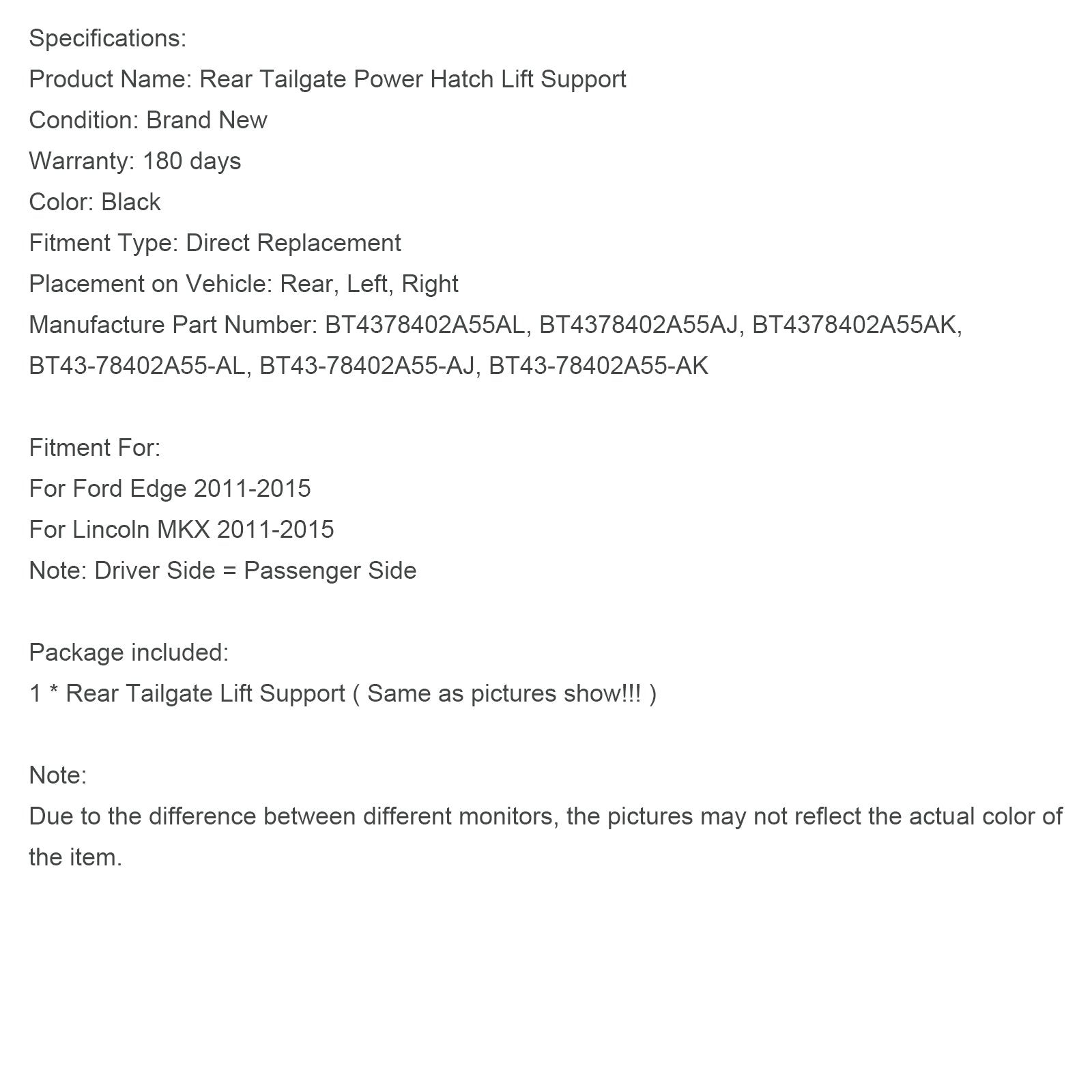 2011-2015 Lincoln MKX Rear LH or RH Tailgate Power Lift Supports Strut BT4378402A55AL